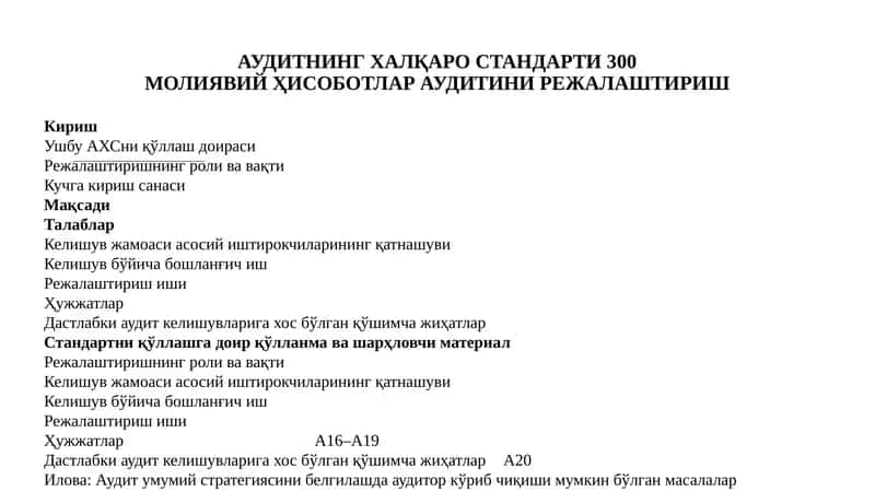 АУДИТНИНГ ХАЛҚАРО СТАНДАРТИ 300 МОЛИЯВИЙ ҲИСОБОТЛАР АУДИТИНИ РЕЖАЛАШТИРИШ