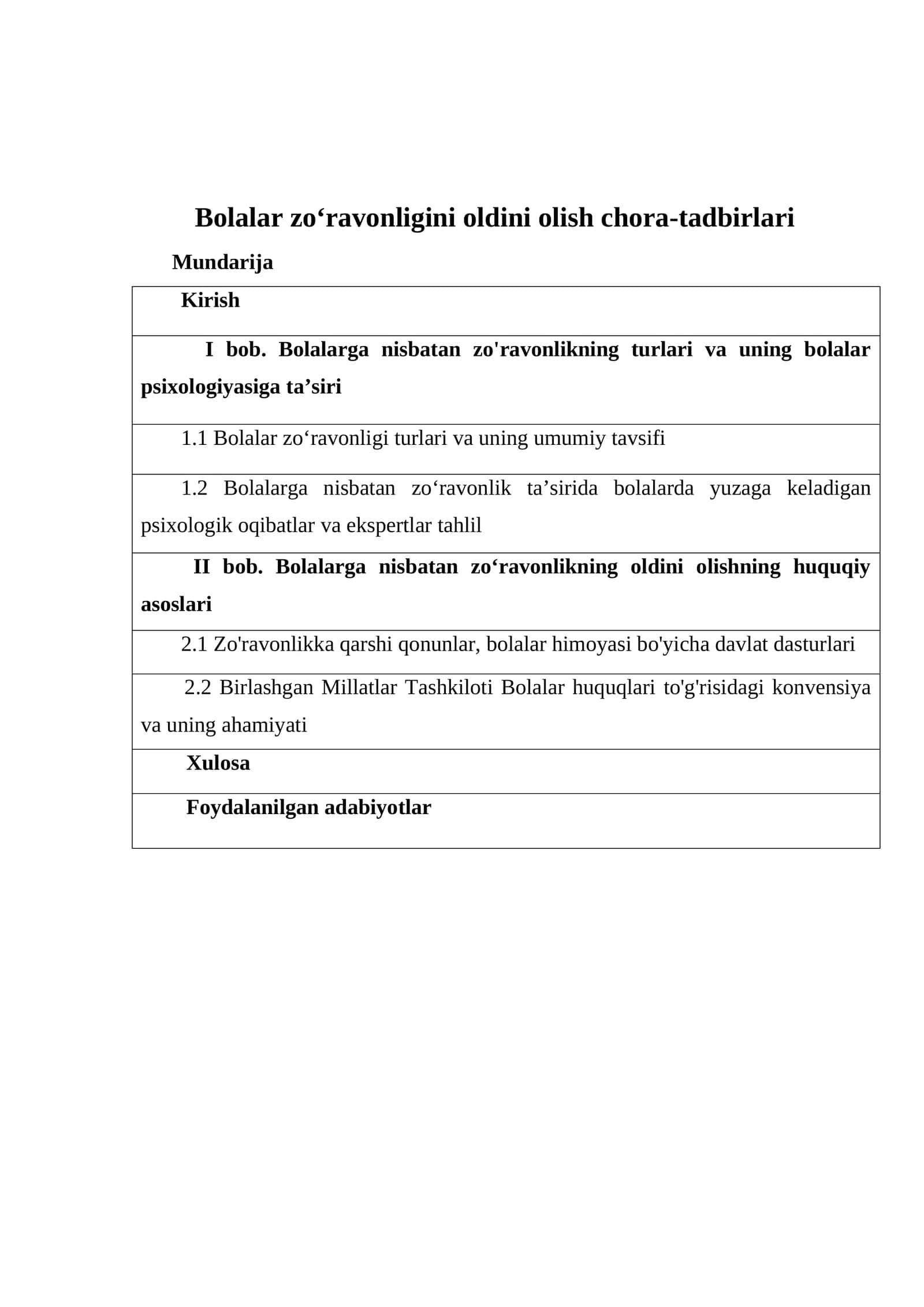 Bolalar zo‘ravonligini oldini olish chora-tadbirlari