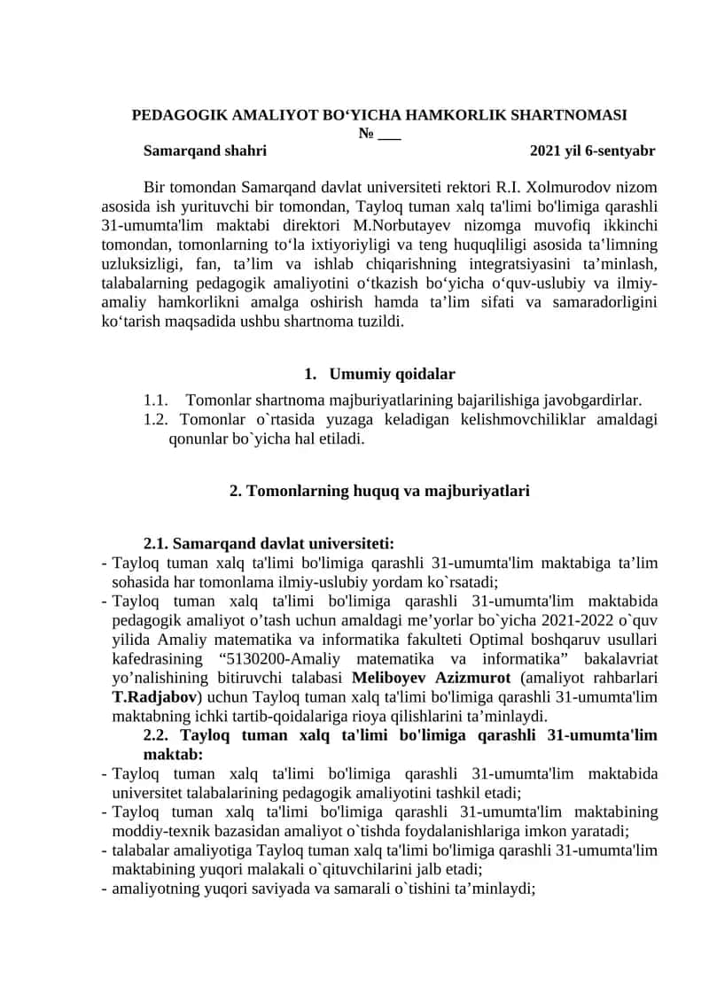 PEDAGOGIK AMALIYOT BO‘YICHA HAMKORLIK SHARTNOMASI