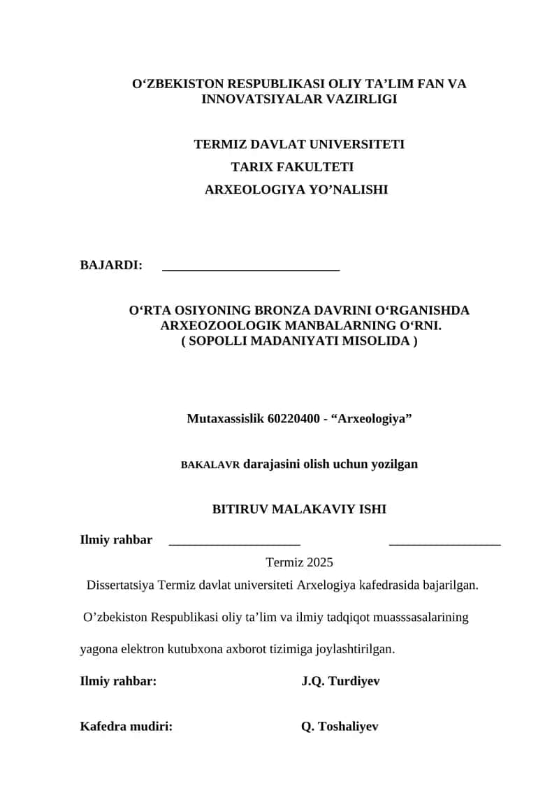 O‘RTA OSIYONING BRONZA DAVRINI O‘RGANISHDA ARXEOZOOLOGIK MANBALARNING O‘RNI. (SOPOLLI MADANIYATI MISOLIDA)