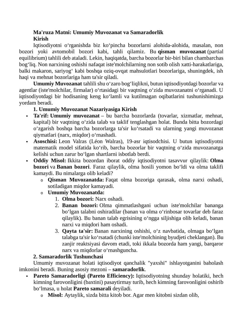 Umumiy Muvozanat va Samaradorlik