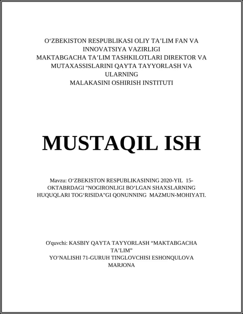 O‘ZBEKISTON RESPUBLIKASI OLIY TA’LIM FAN VA INNOVATSIYA VAZIRLIGI