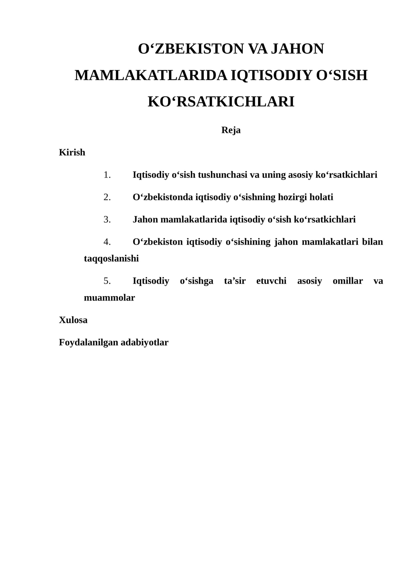 O‘ZBEKISTON VA JAHON MAMLAKATLARIDA IQTISODIY O‘SISH KO‘RSATKICHLARI