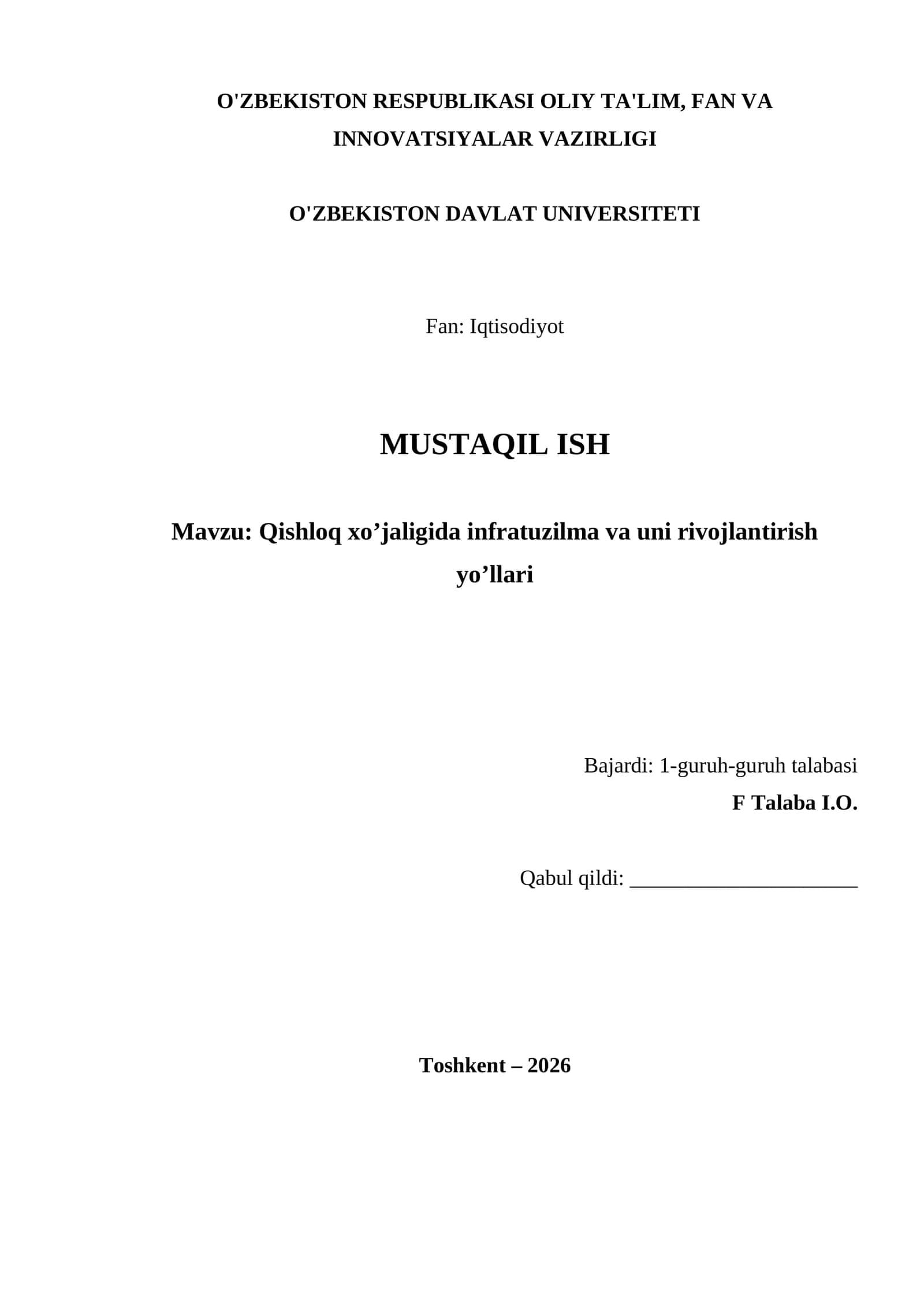 Qishloq xo’jaligida infratuzilma va uni rivojlantirish yo’llari