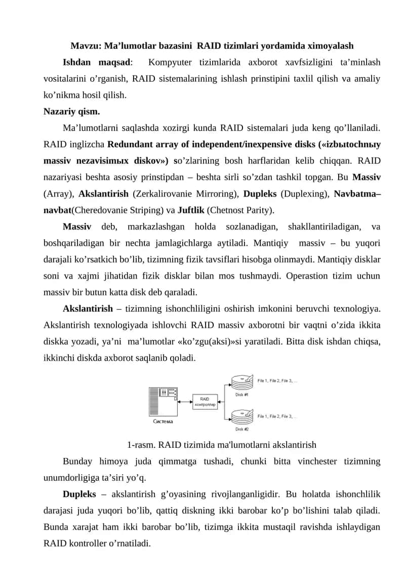 Ma’lumotlar bazasini  RAID tizimlari yordamida ximoyalash