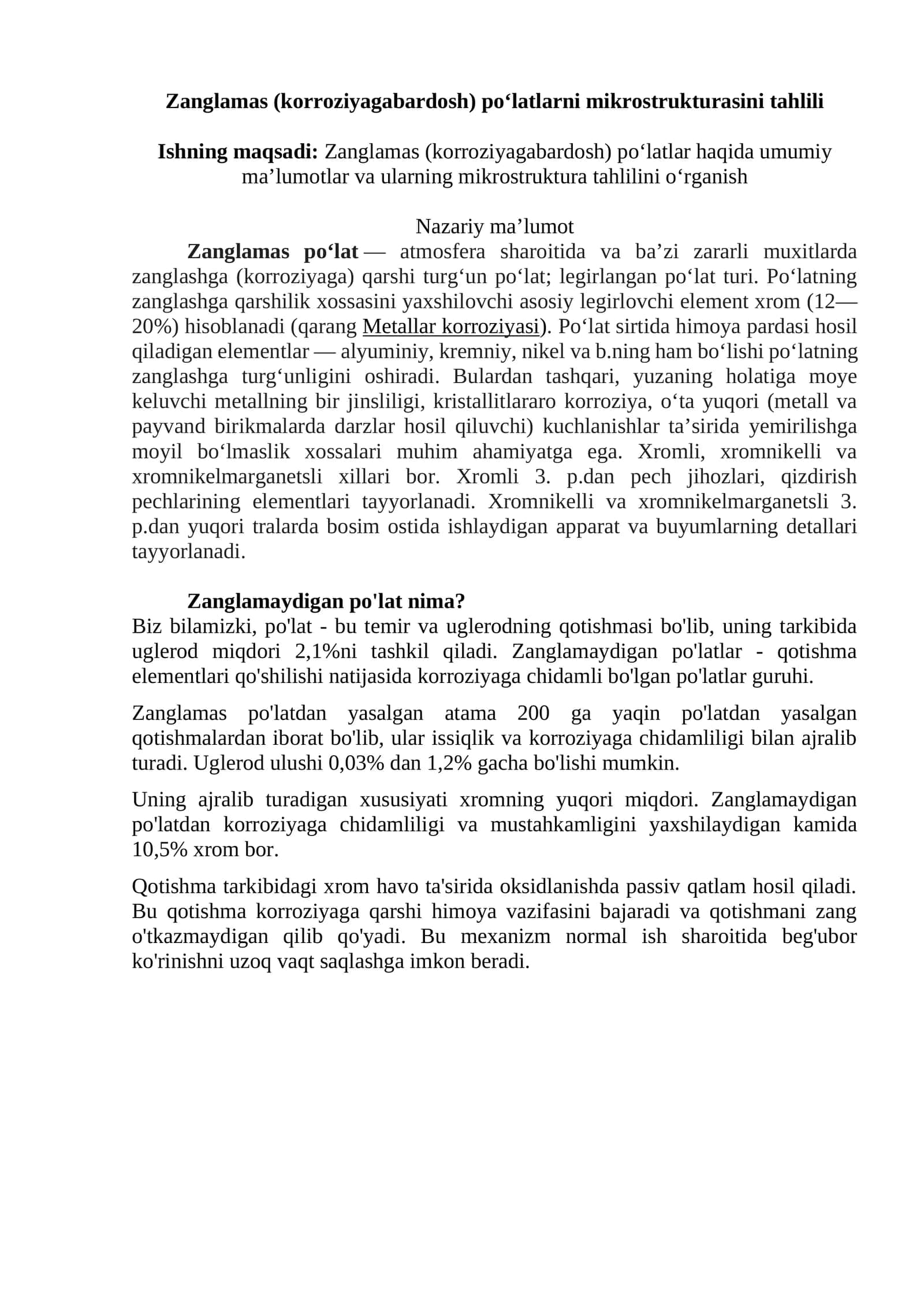 Zanglamas (korroziyagabardosh) po‘latlarni mikrostrukturasini tahlili