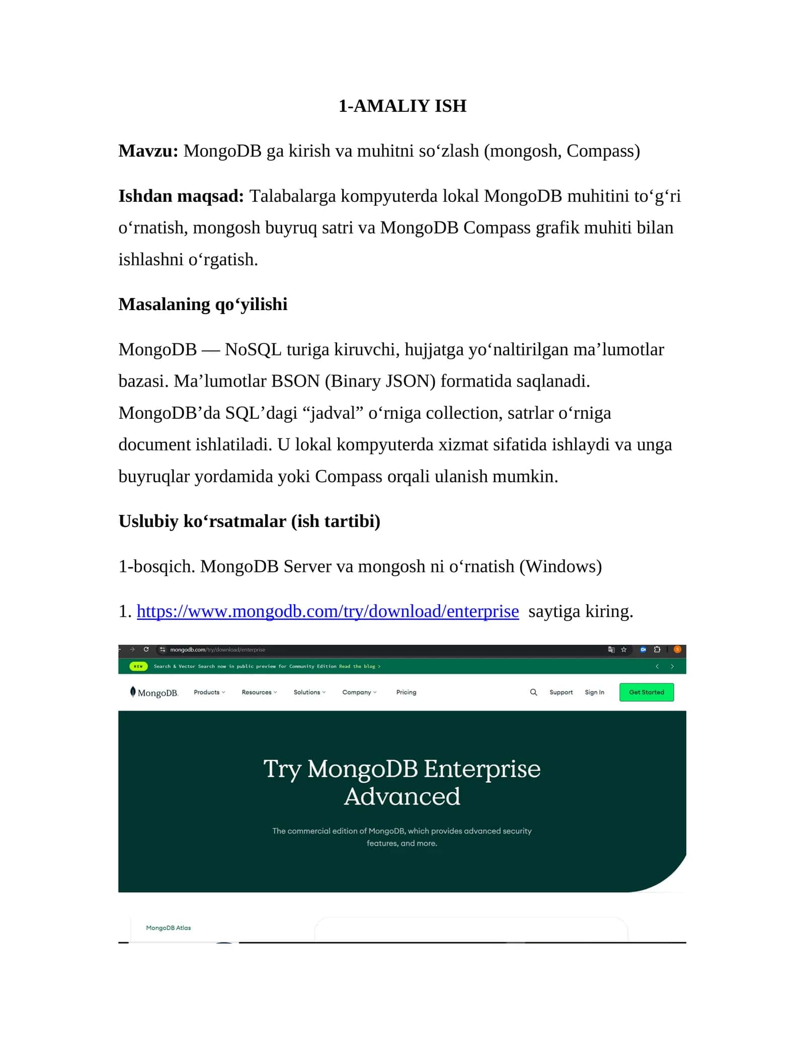 MongoDB ga kirish va muhitni so‘zlash (mongosh, Compass)