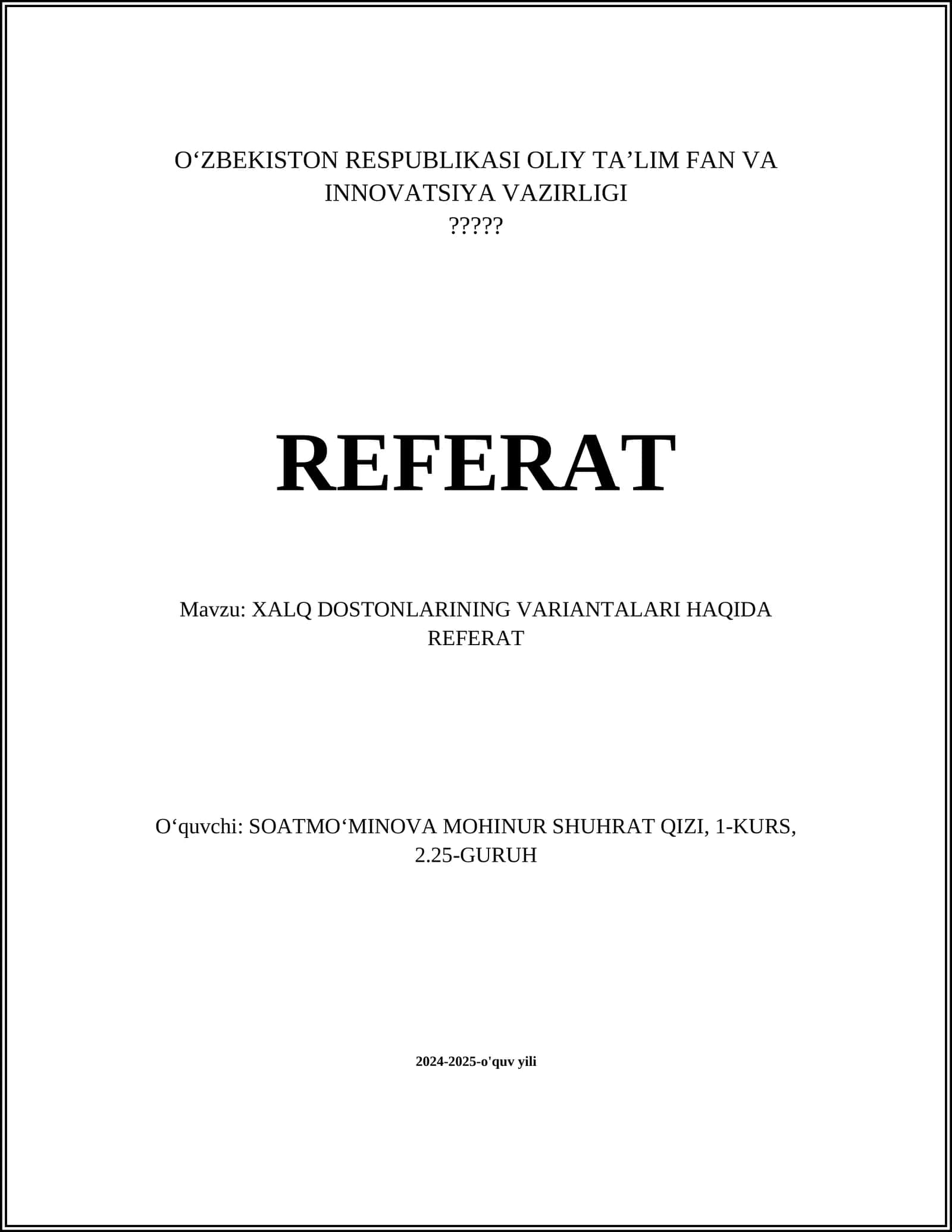 XALQ DOSTONLARINING VARIANTALARI HAQIDA REFERAT