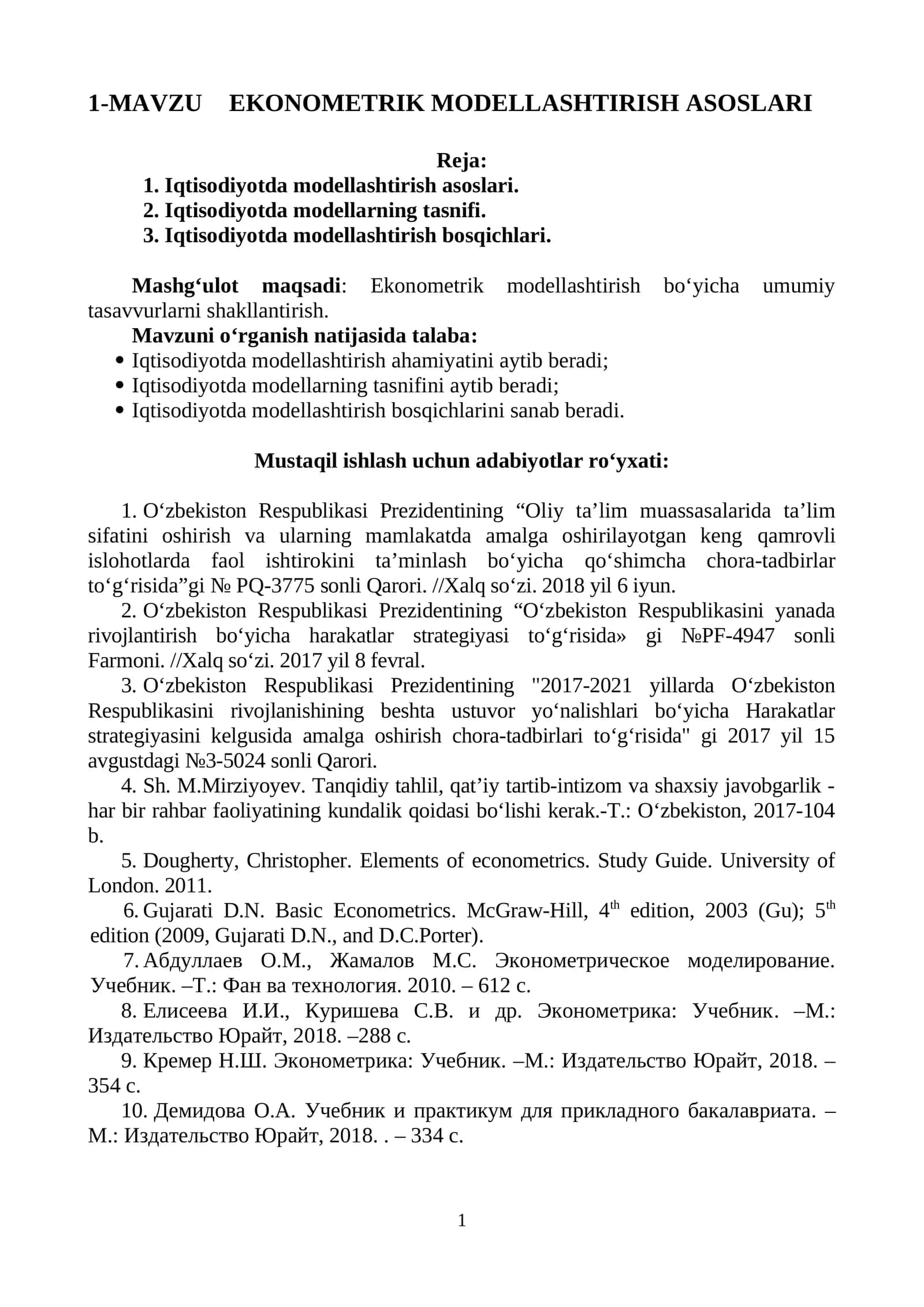 EKONOMETRIK MODELLASHTIRISH ASOSLARI