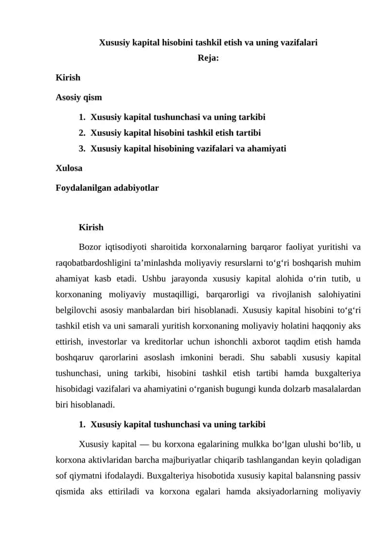 Xususiy kapital hisobini tashkil etish va uning vazifalari