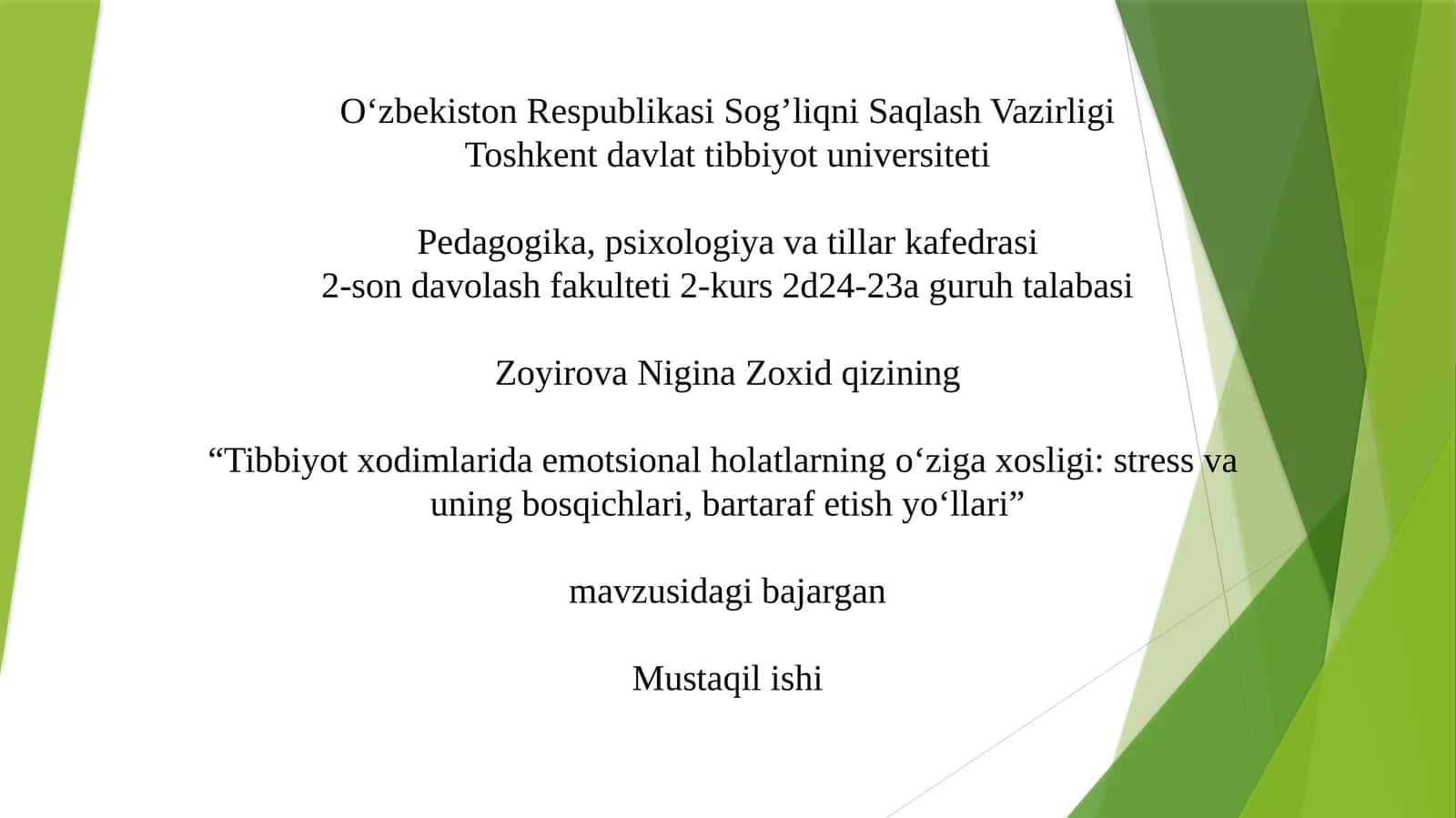 Tibbiyot xodimlarida emotsional holatlarning o‘ziga xosligi stress va uning bosqichlari, bartaraf etish yo‘llari