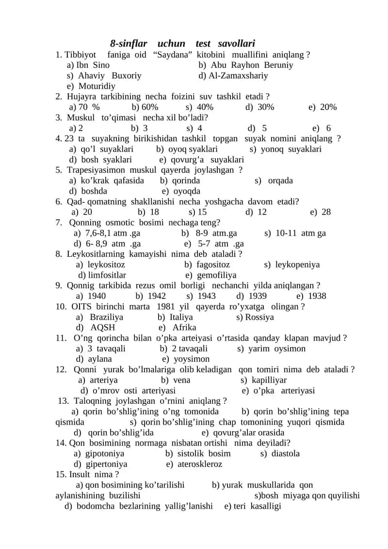 8-sinflar uchun test savollari