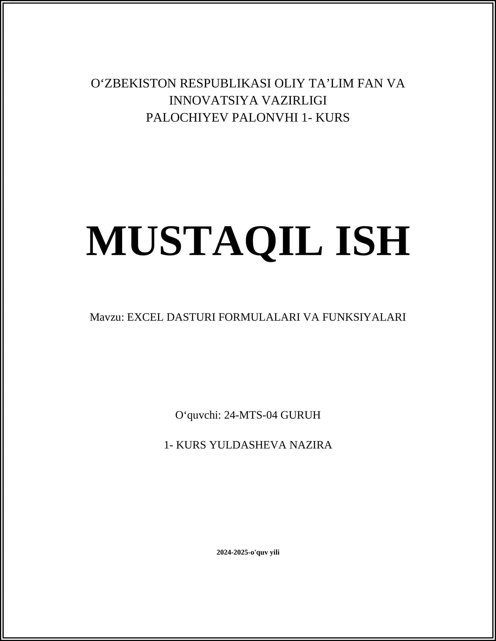 EXCEL DASTURI FORMULALARI VA FUNKSIYALARI