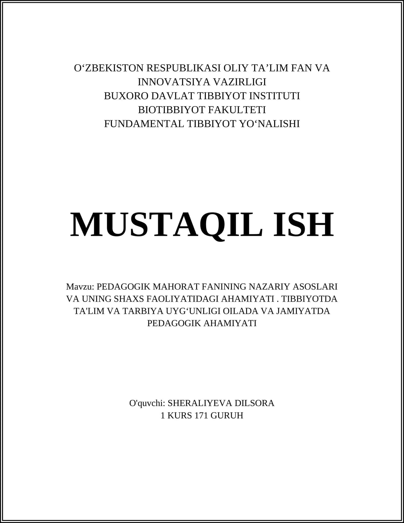 PEDAGOGIK MAHORAT FANINING NAZARIY ASOSLARI VA UNING SHAXS FAOLIYATIDAGI AHAMIYATI