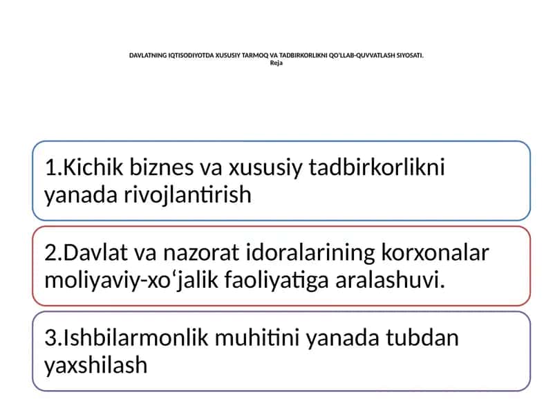 DAVLATNING IQTISODIYOTDA XUSUSIY TARMOQ VA TADBIRKORLIKNI QO‘LLAB-QUVVATLASH SIYOSATI