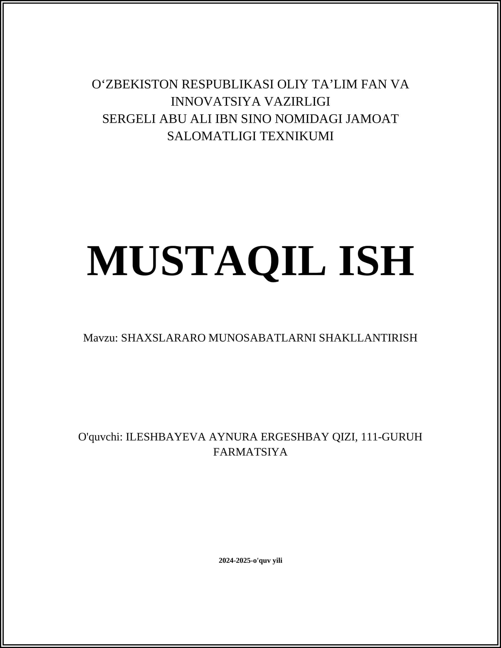 SHAXSLARARO MUNOSABATLARNI SHAKLLANTIRISH