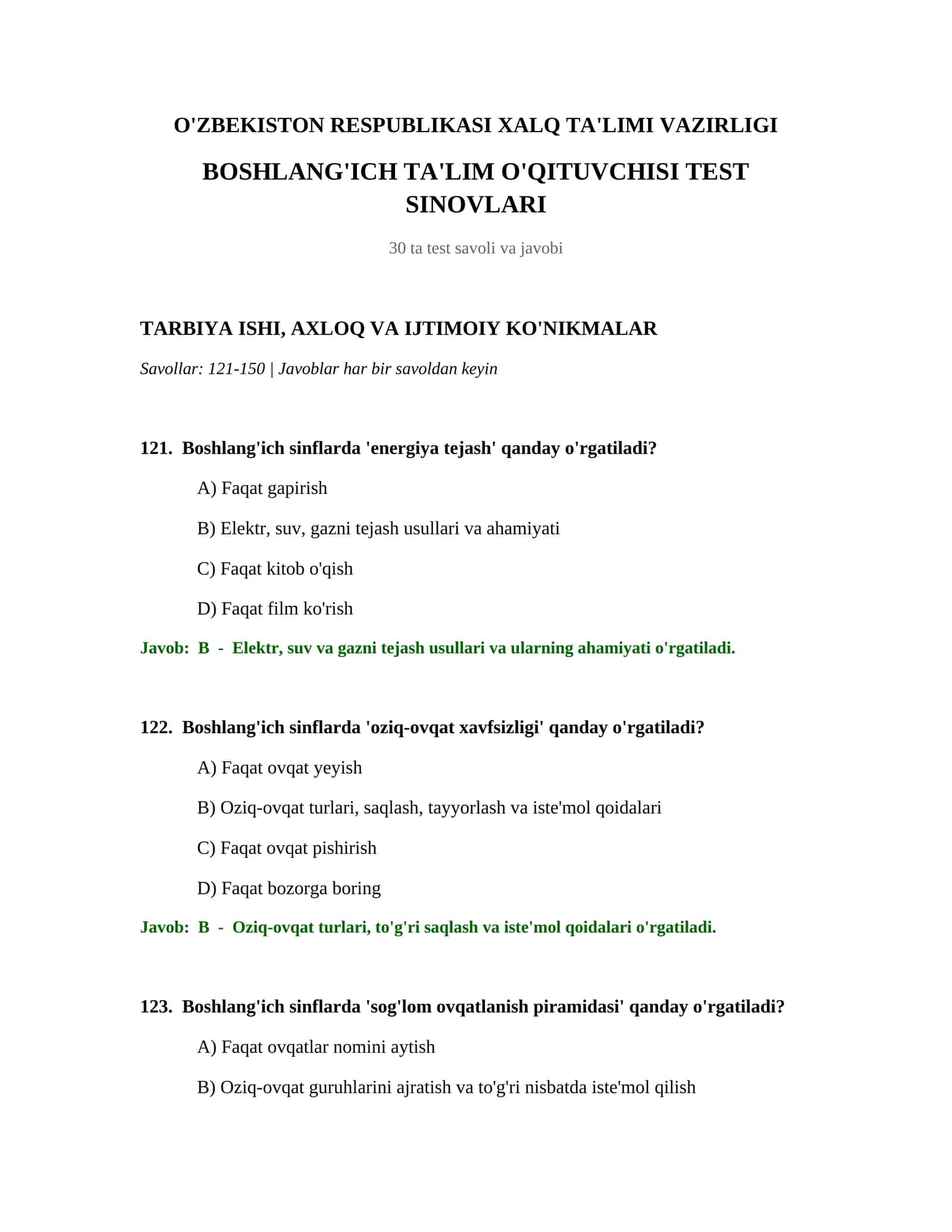BOSHLANG'ICH TA'LIM O'QITUVCHISI TEST SINOVLARI