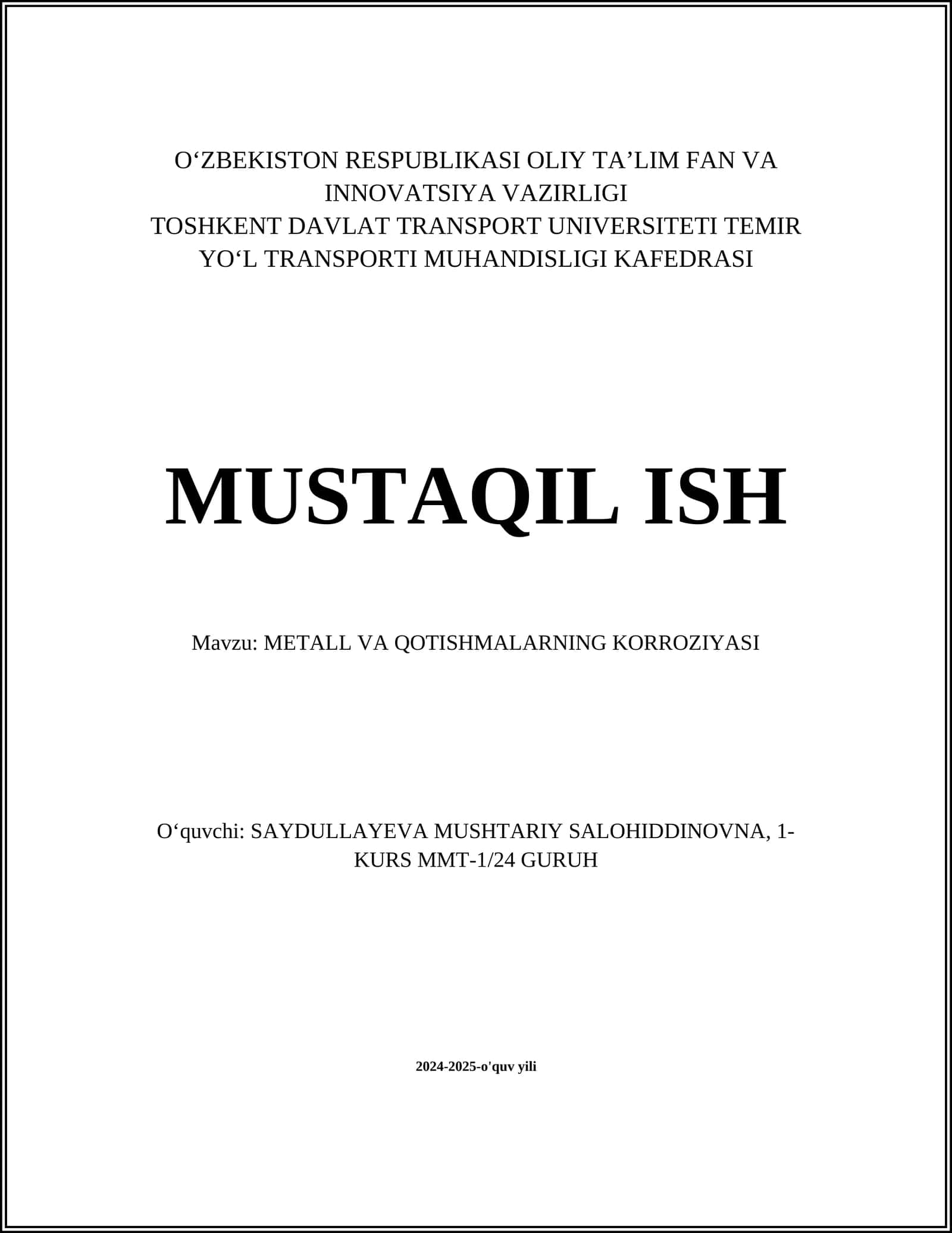 METALL VA QOTISHMALARNING KORROZIYASI