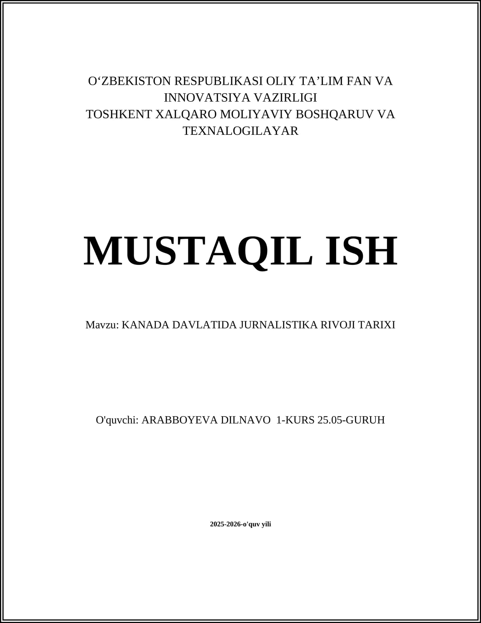 KANADA DAVLATIDA JURNALISTIKA RIVOJI TARIXI