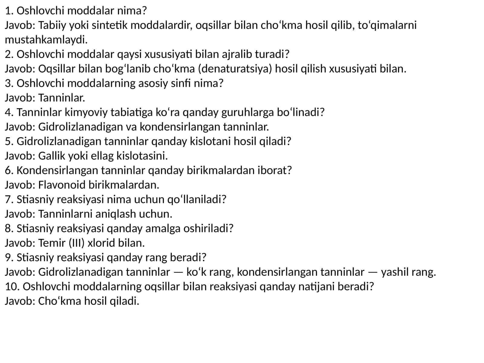 oshlovchi moddalarni hakkida test