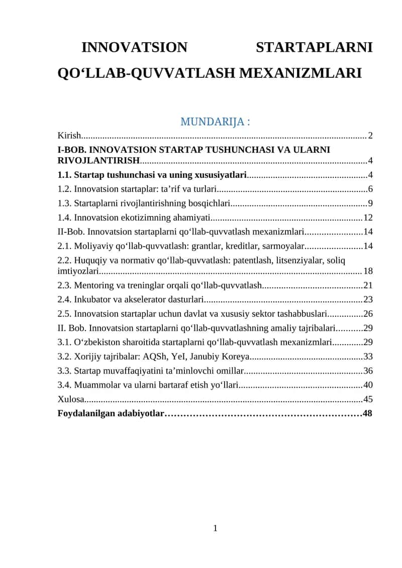 INNOVATSION STARTAPLARNI QO‘LLAB-QUVVATLASH MEXANIZMLARI