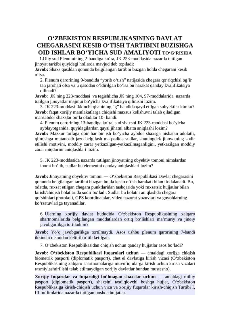 OʻZBEKISTON RESPUBLIKASINING DAVLAT CHEGARASINI KESIB OʻTISH TARTIBINI BUZISHGA OID ISHLAR BOʻYICHA SUD AMALIYOTI TOʻGʻRISIDA