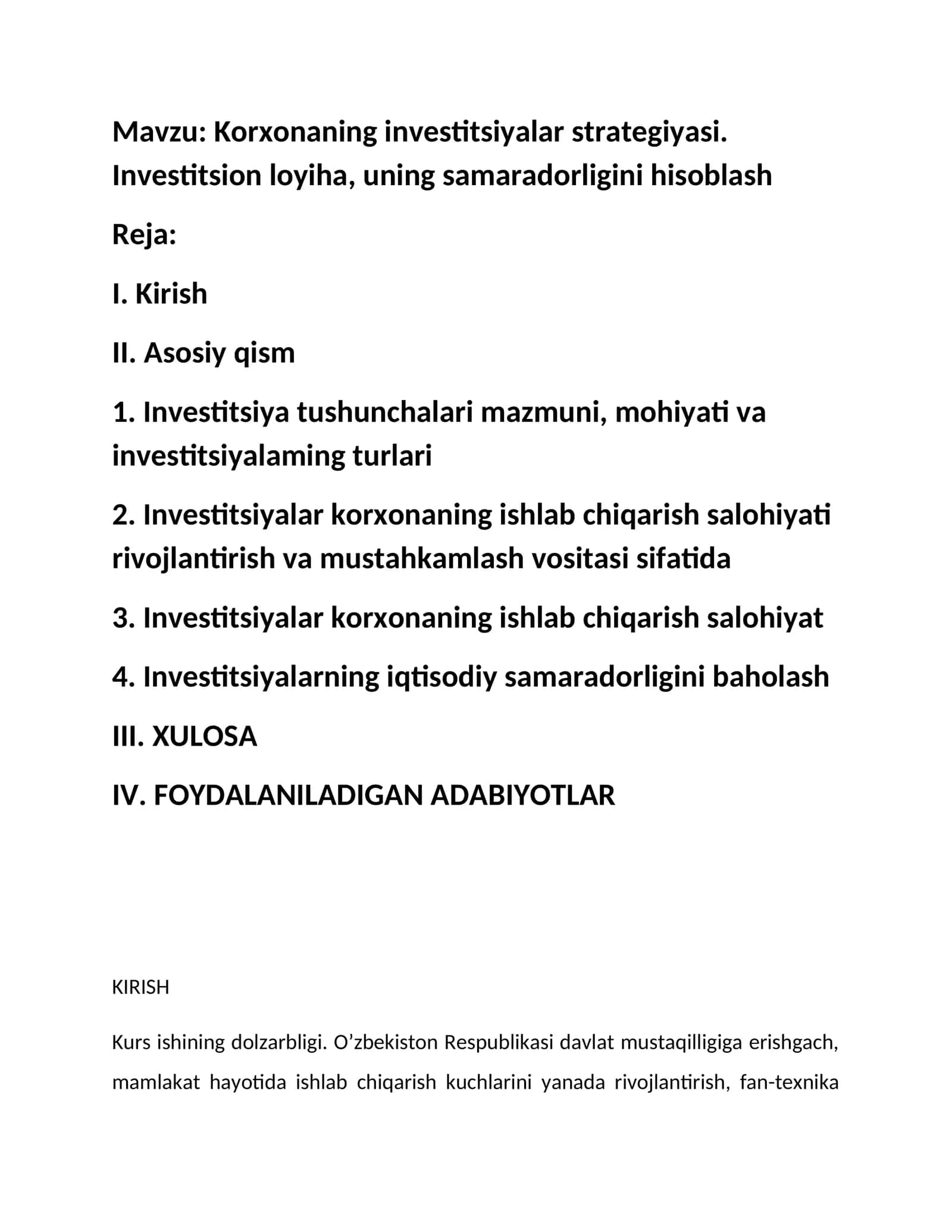 Korxonaning investitsiyalar strategiyasi. Investitsion loyiha, uning samaradorligini hisoblash
