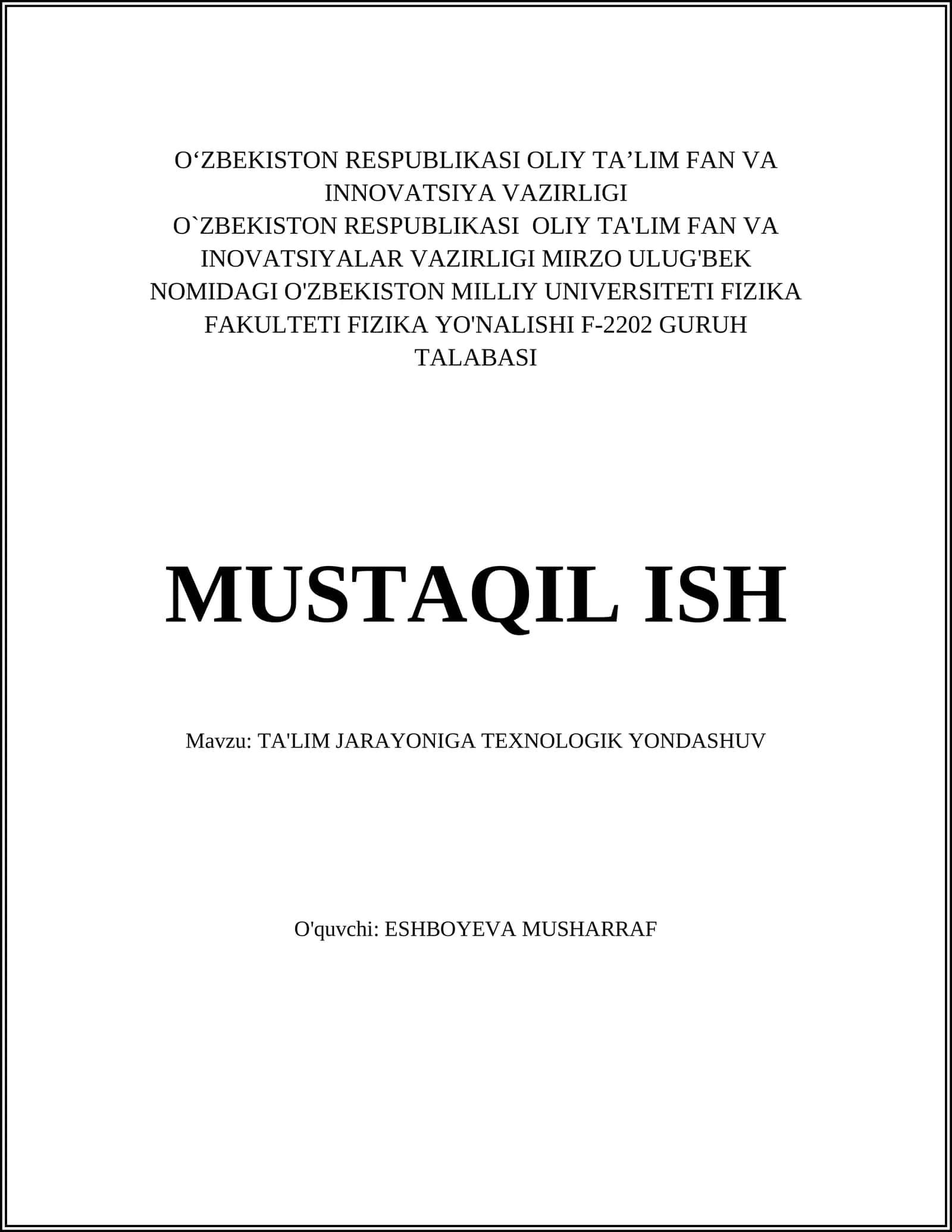 TA'LIM JARAYONIGA TEXNOLOGIK YONDASHUV