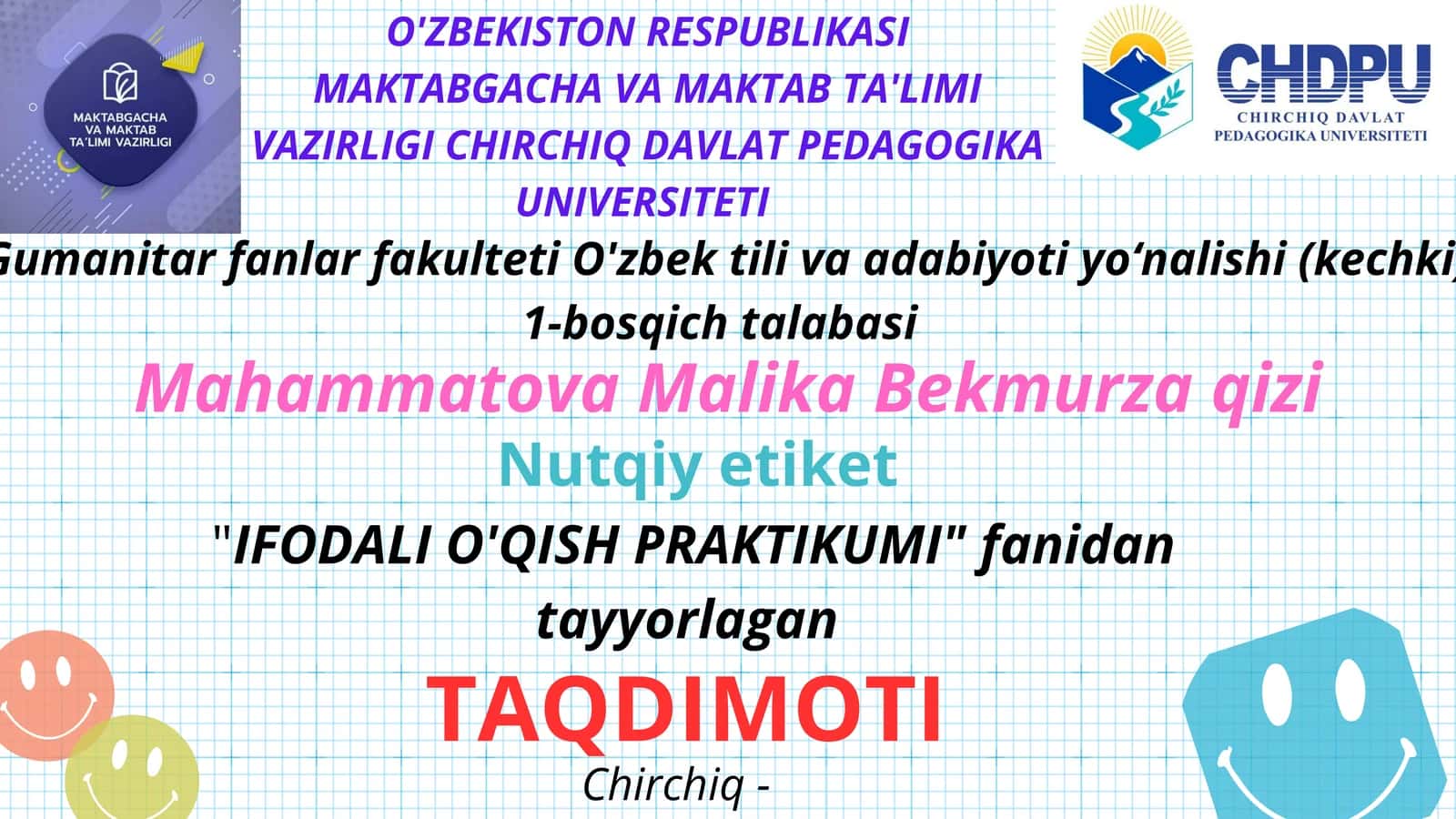 IFODALI O'QISH PRAKTIKUMI" fanidan tayyorlagan TAQDIMOTI