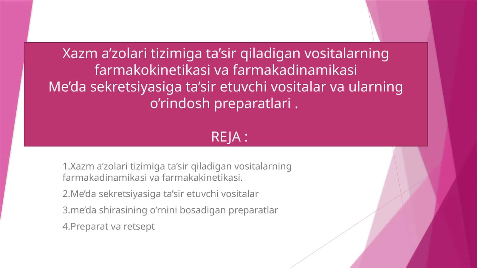 Xazm a’zolari tizimiga ta’sir qiladigan vositalarning farmakadinamikasi va farmakakinetikasi