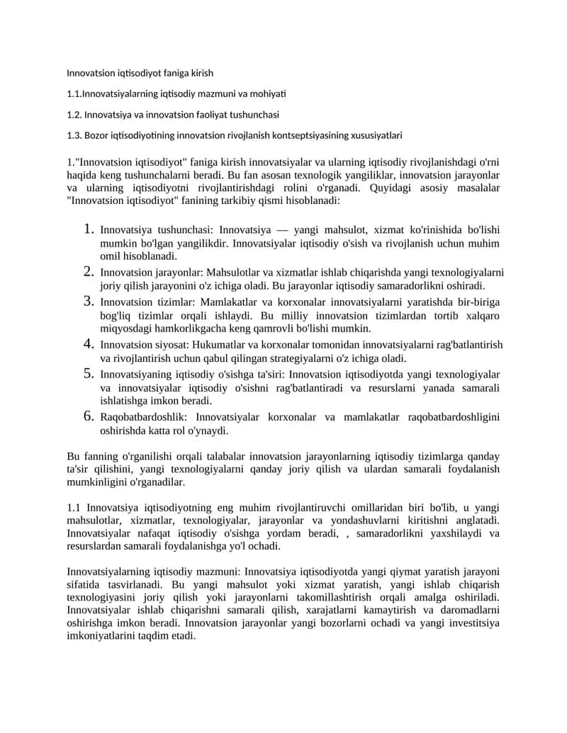 Innovatsion iqtisodiyot faniga kirish