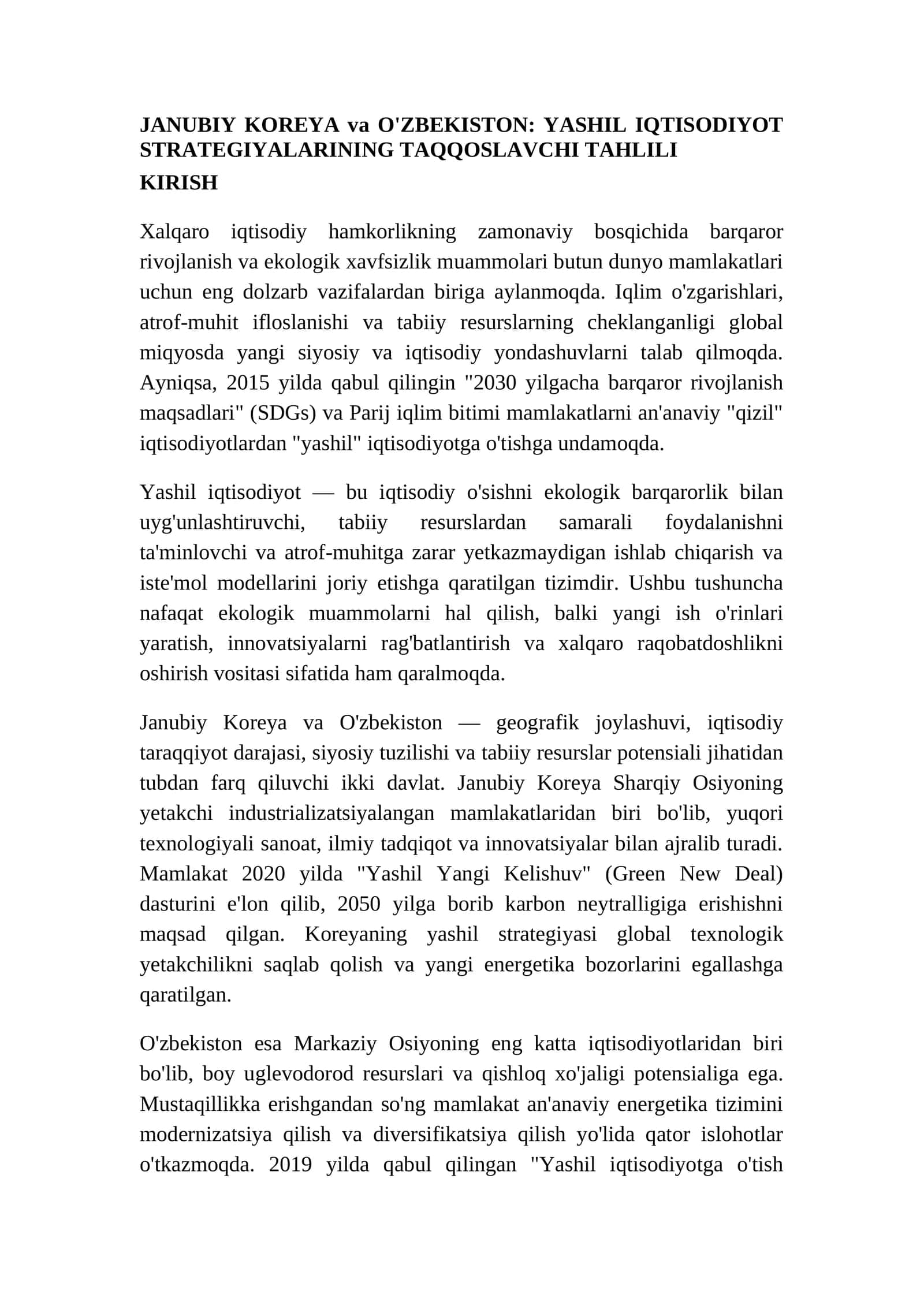 JANUBIY KOREYA va O'ZBEKISTON: YASHIL IQTISODIYOT STRATEGIYALARINING TAQQOSLAVCHI TAHLILI