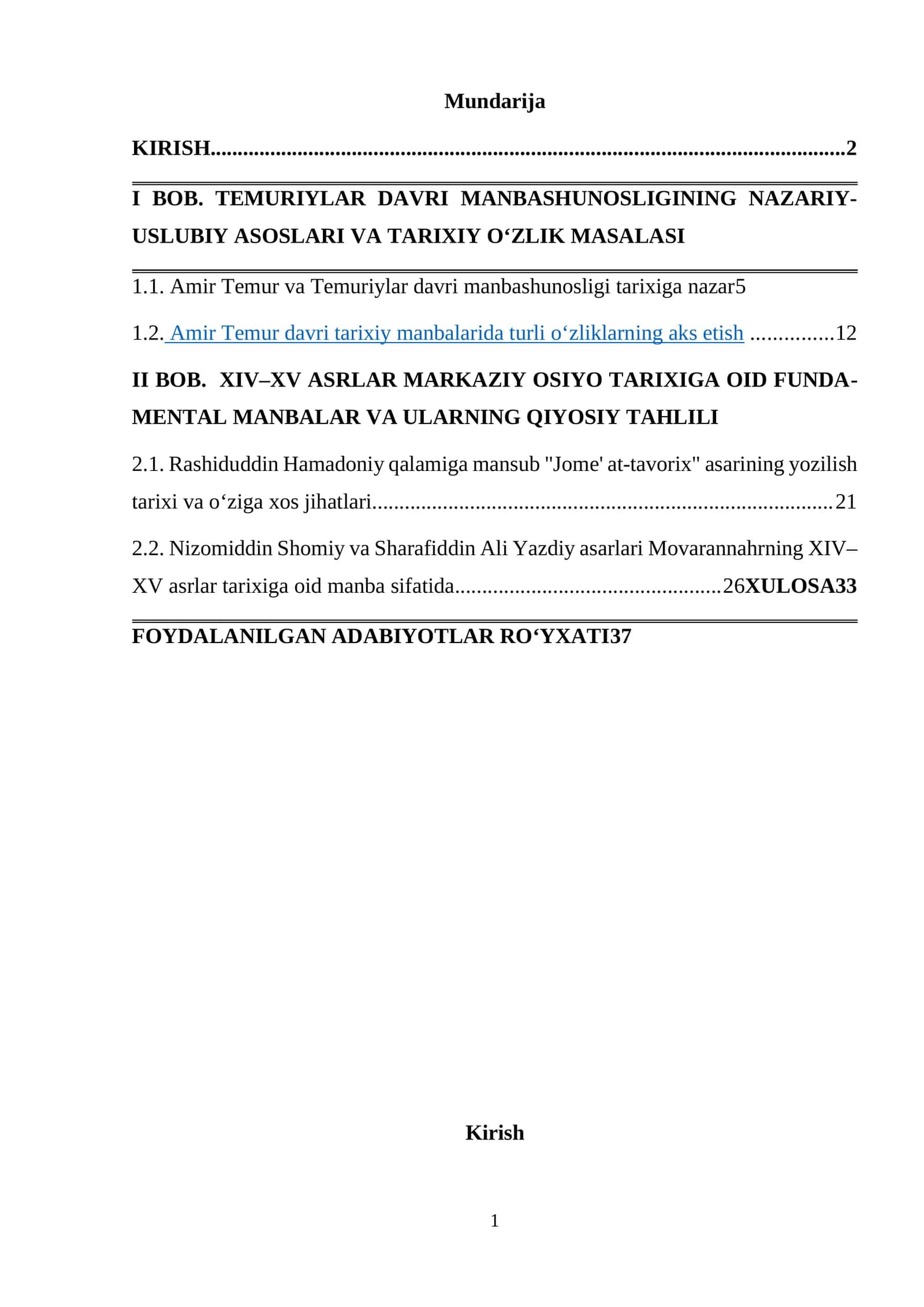 AMIR TEMUR VA TEMURIYLAR DAVRI MANBASHUNOSLIGI