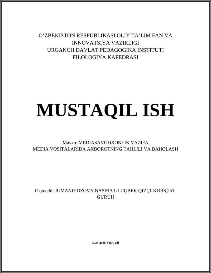 MEDIASAVODXONLIK VAZIFA
