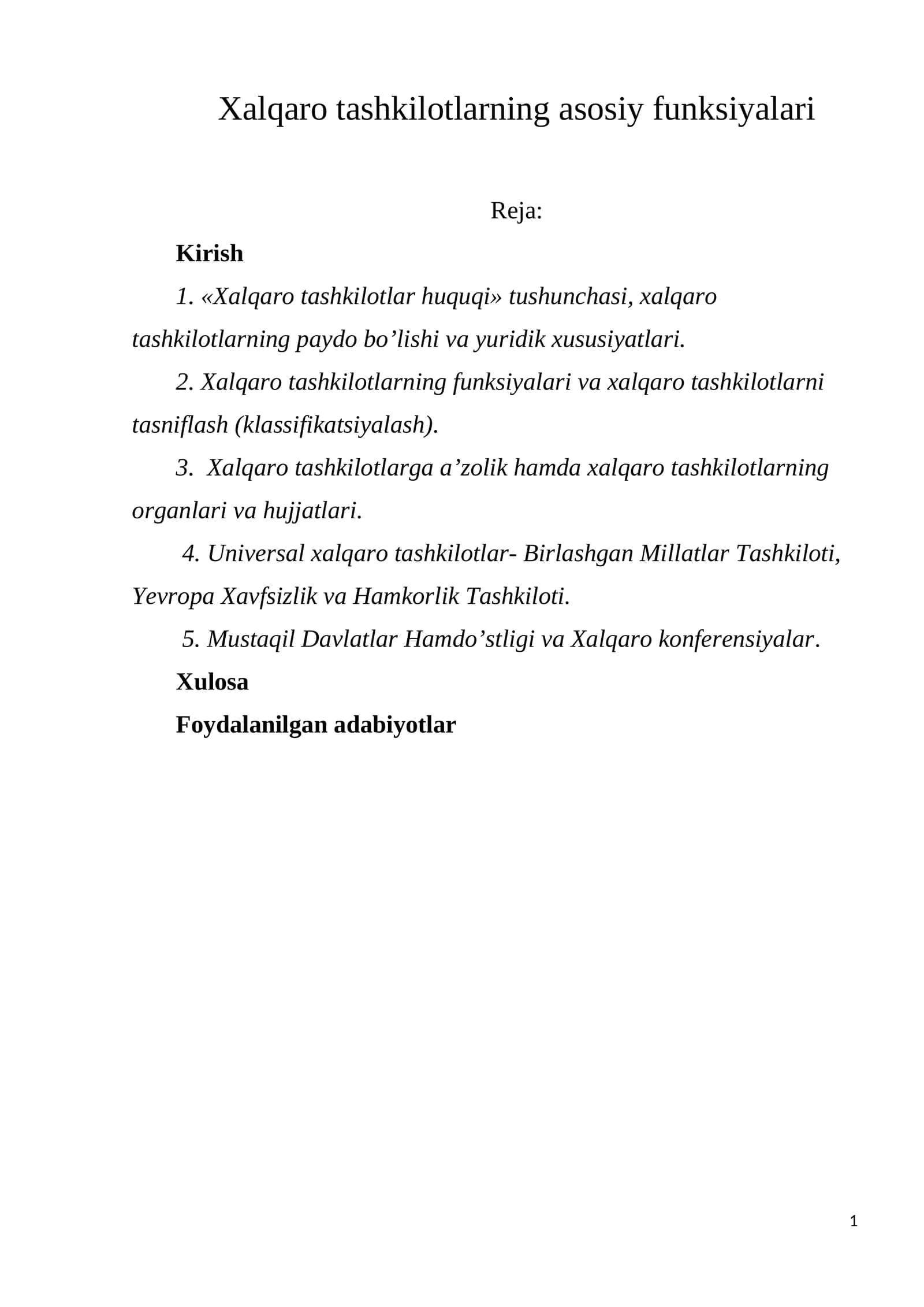 Xalqaro tashkilotlarning asosiy funksiyalari