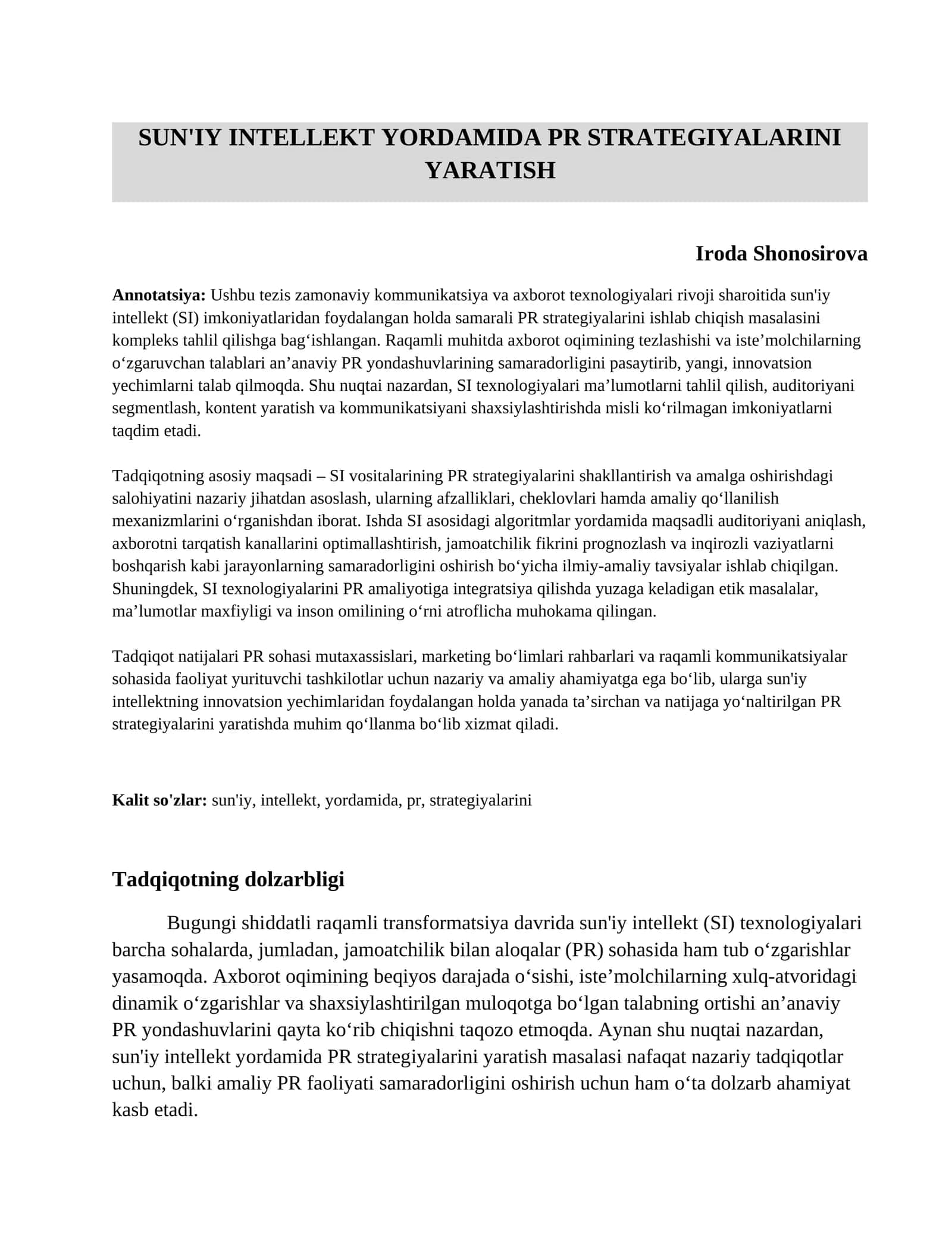Sun'iy intellekt yordamida PR strategiyalarini yaratish