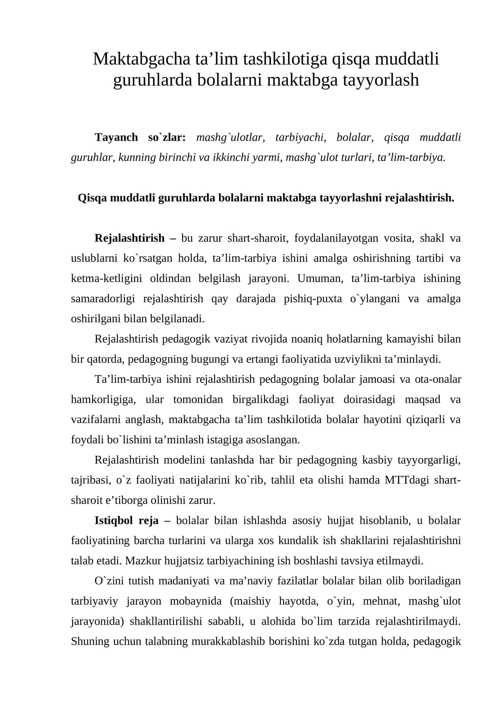 Maktabgacha ta’lim tashkilotiga qisqa muddatli guruhlarda bolalarni maktabga tayyorlash