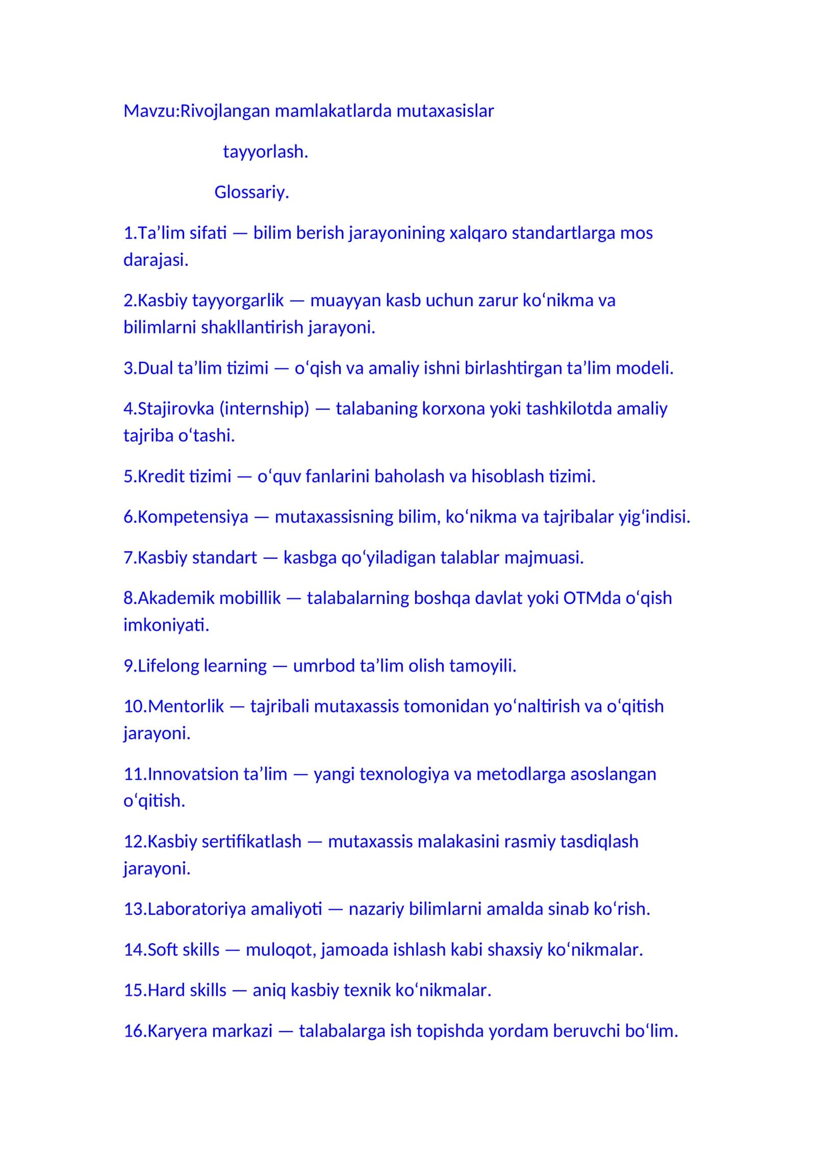 Rivojlangan mamlakatlarda mutaxasislar tayyorlash
