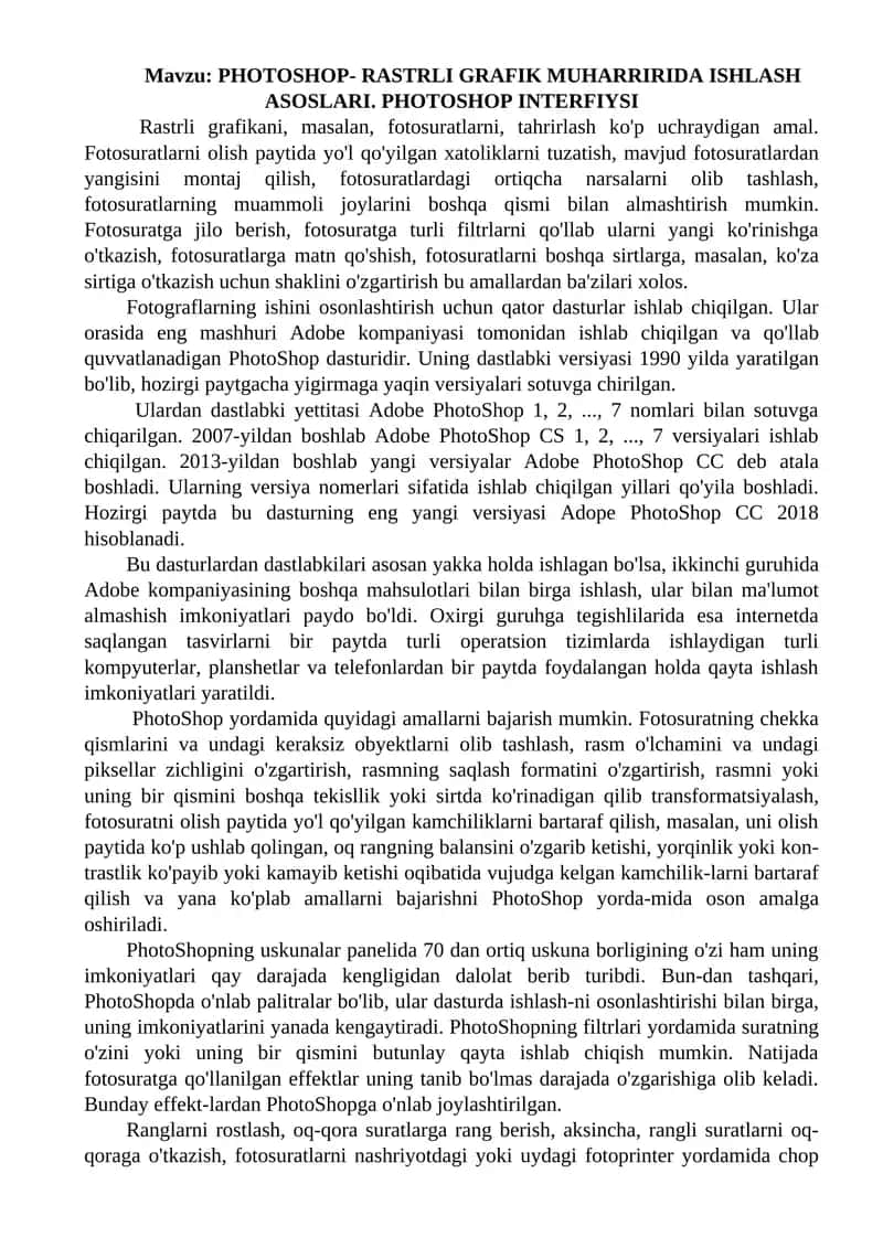 PHOTOSHOP- RASTRLI GRAFIK MUHARRIRIDA ISHLASH ASOSLARI. PHOTOSHOP INTERFIYSI