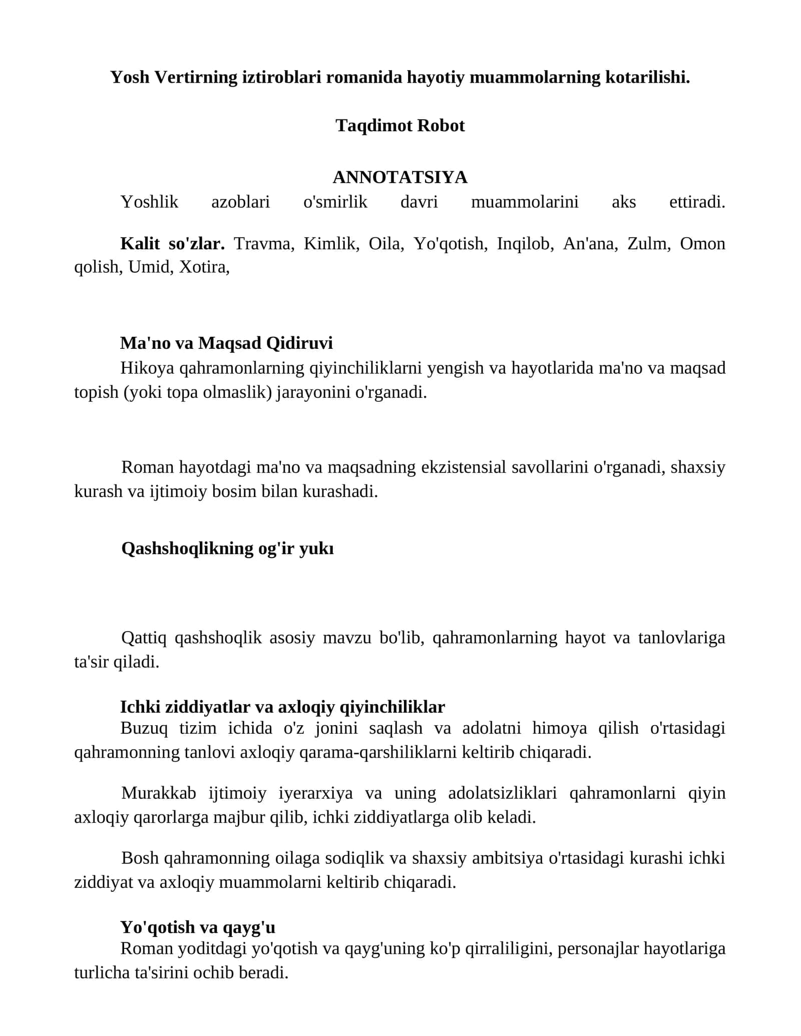 Yosh Vertirning iztiroblari romanida hayotiy muammolarning kotarilishi