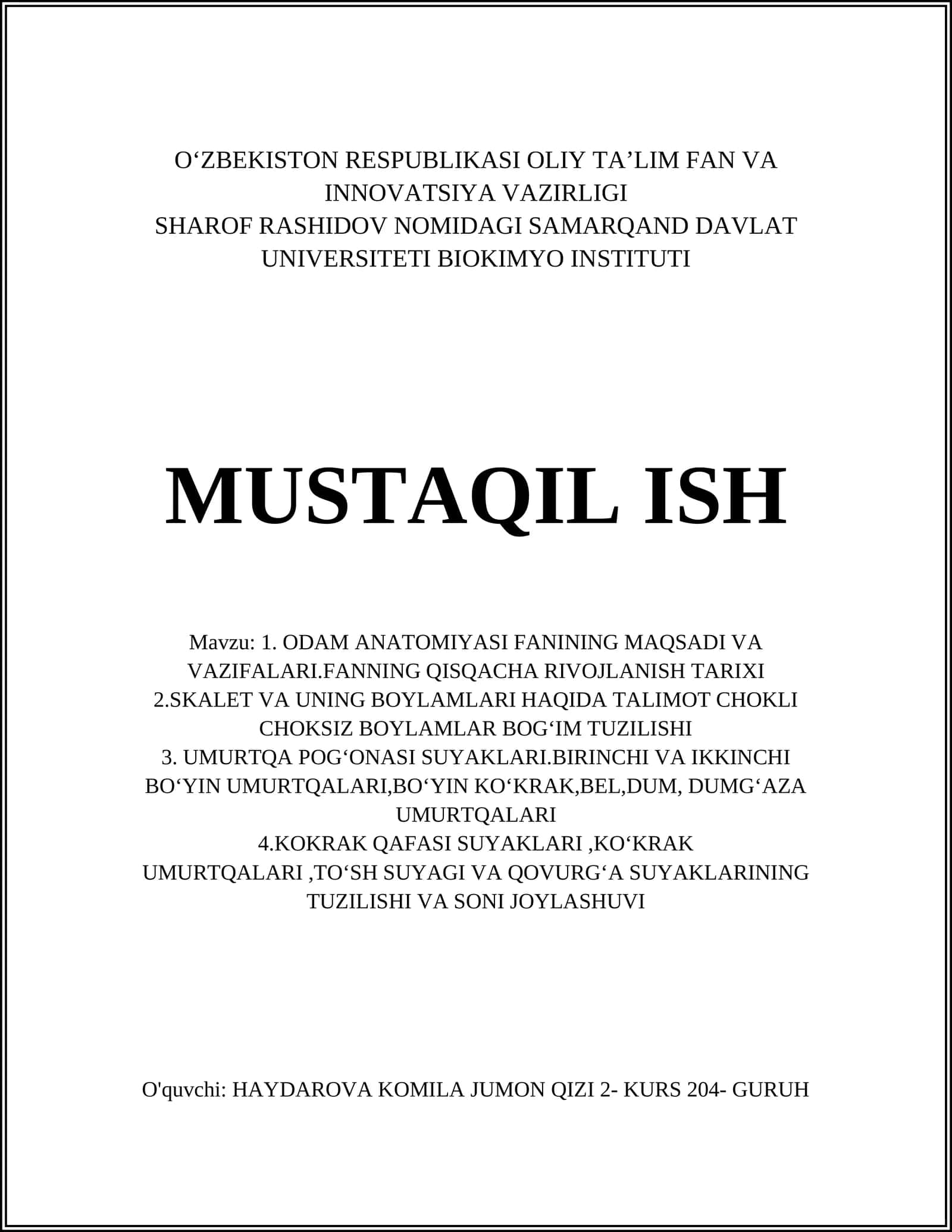 ODAM ANATOMIYASI FANINING MAQSADI VA VAZIFALARI
