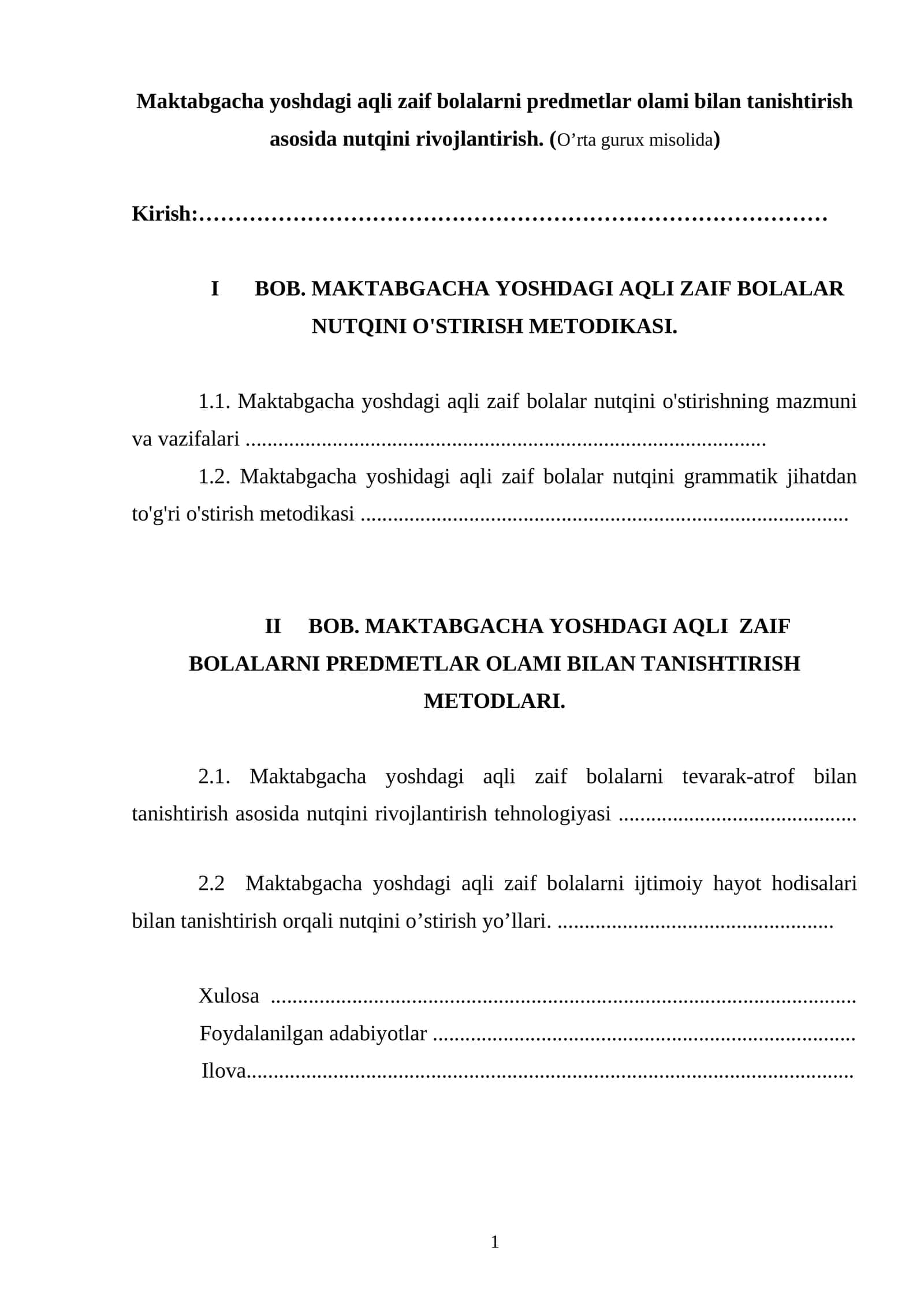 MAKTABGACHA YOSHDAGI AQLI ZAIF BOLALARNI PREDMETLAR OLAMI BILAN TANISHTIRISH METODLARI