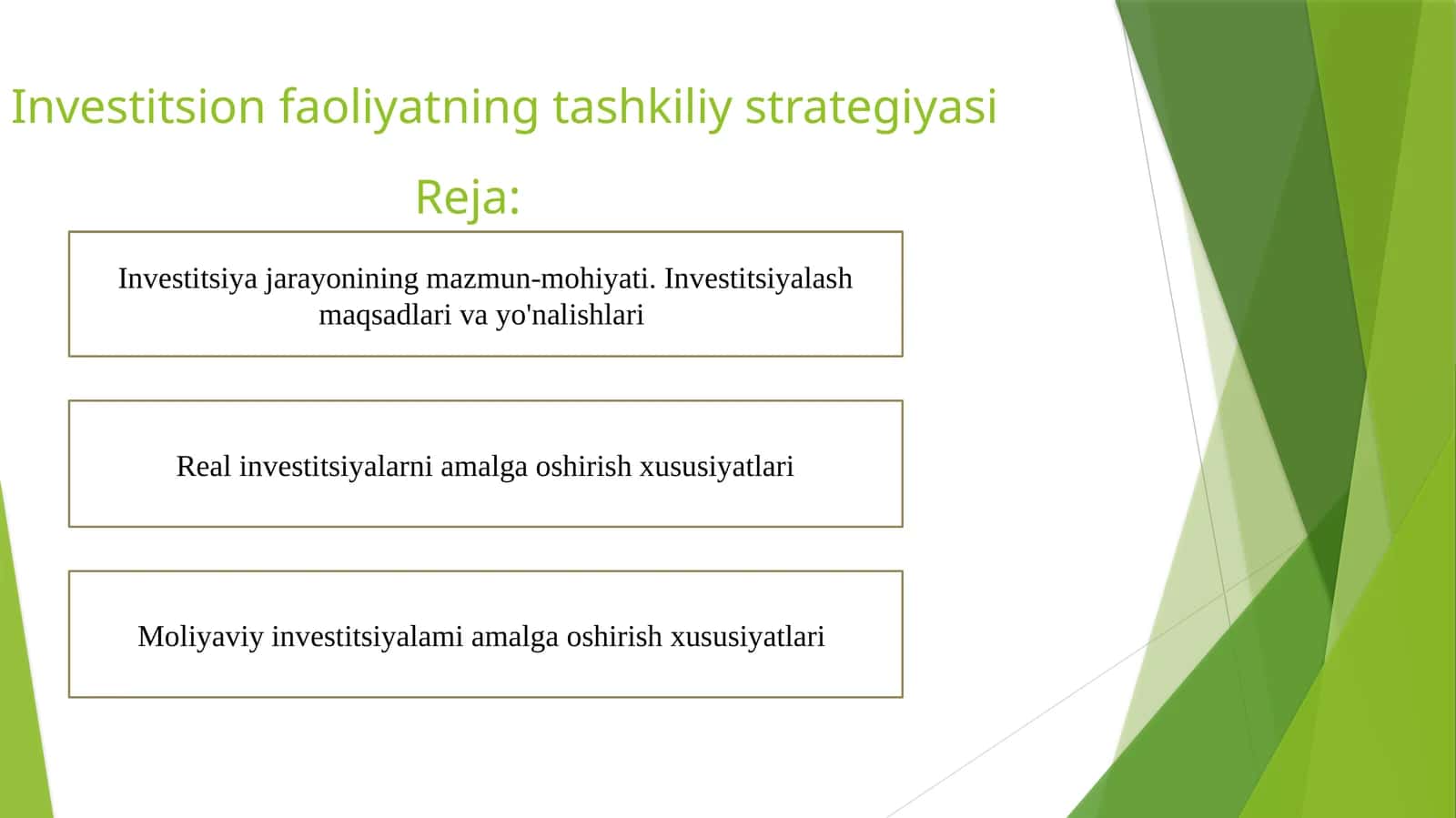 Investitsion faoliyatning tashkiliy strategiyasi