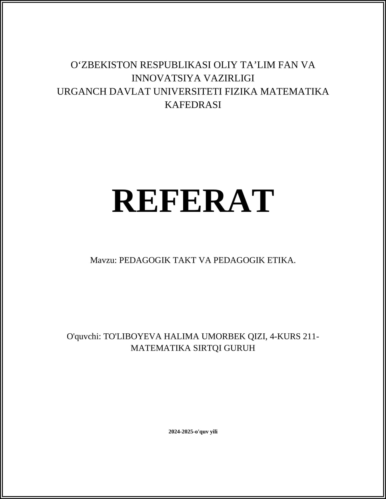 PEDAGOGIK TAKT VA PEDAGOGIK ETIKA