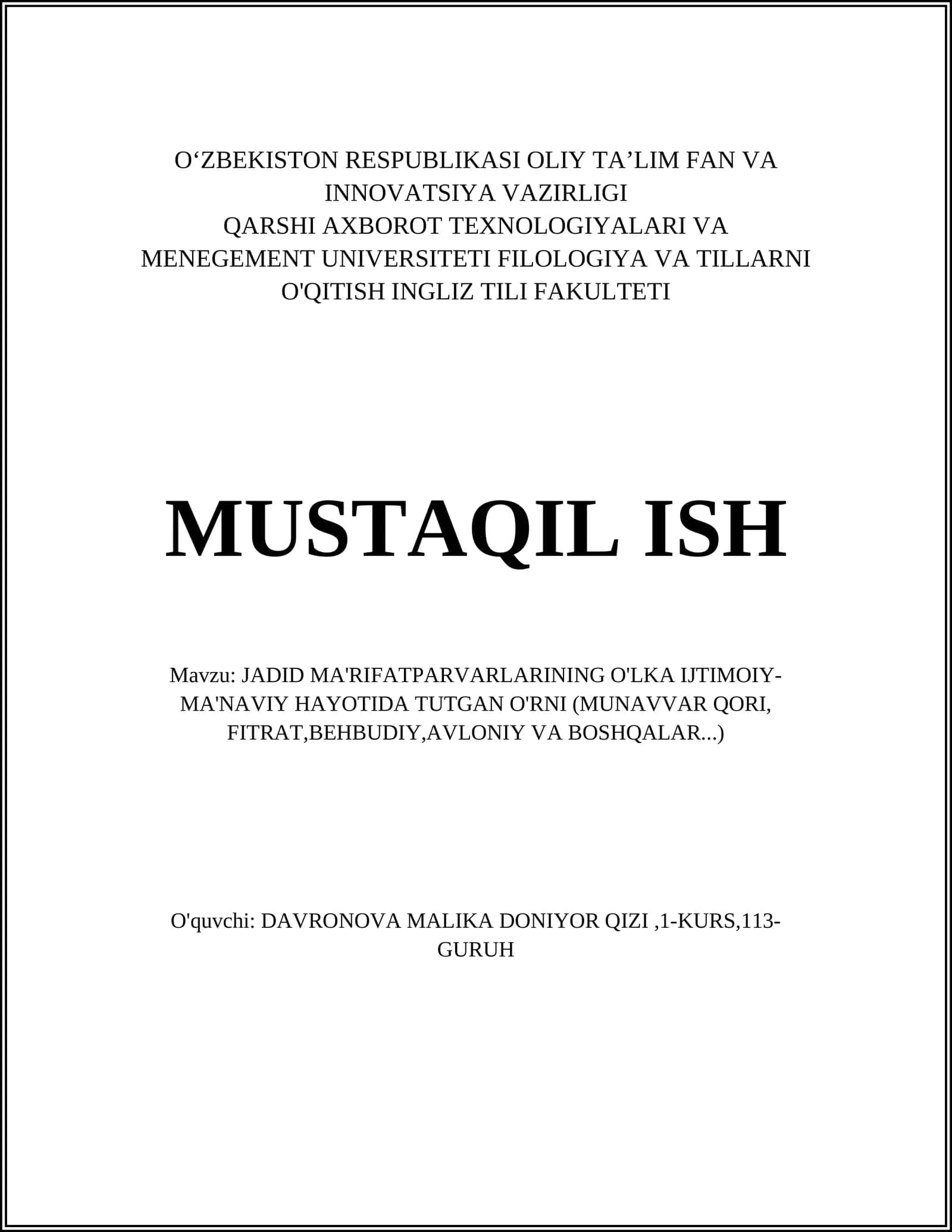 Jadid Ma'rifatparvarlarining O'lka Ijtimoiy-Manaviy Hayotida Tutgan O'rni (Munavvar Qori, Fitrati, Behbudi, Avloniy va Boshqalar...)
