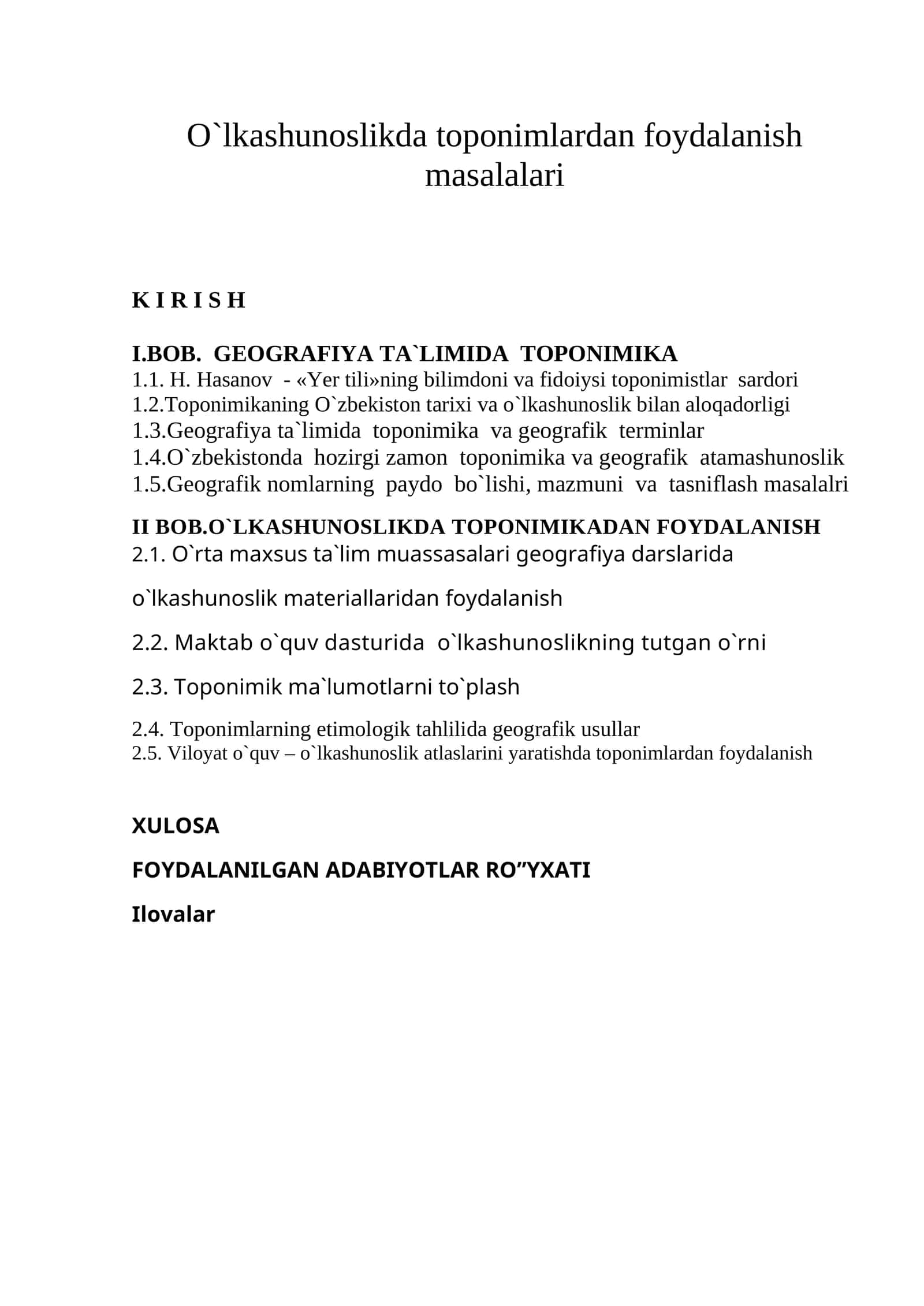 O`lkashunoslikda toponimlardan foydalanish masalalari