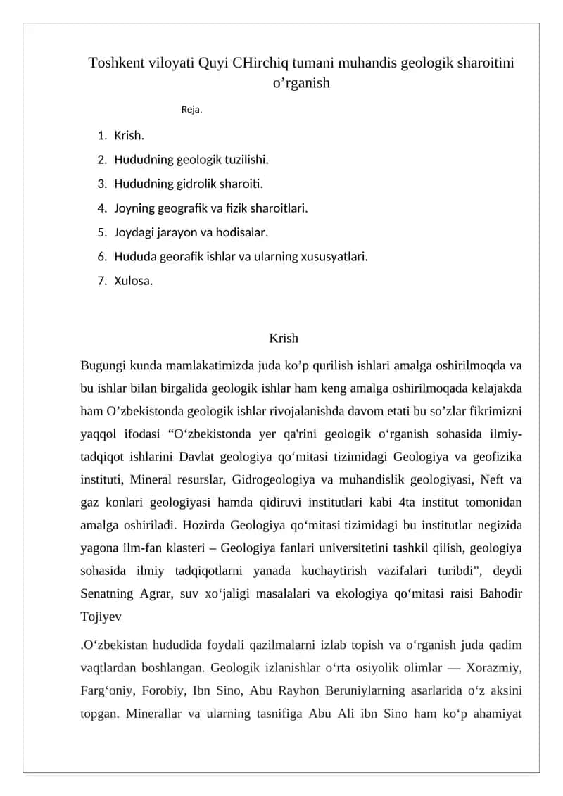 Toshkent viloyati Quyi CHirchiq tumani muhandis geologik sharoitini o’rganish