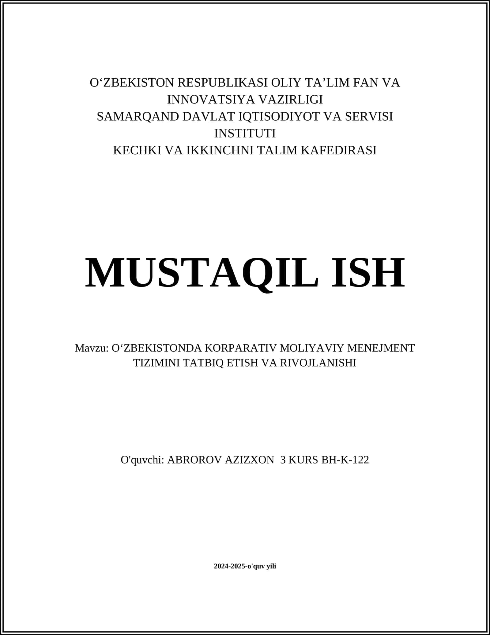 OʻZBEKISTONDA KORPARATIV MOLIYAVIY MENEJMENT TIZIMINI TATBIQ ETISH VA RIVOJLANISHI
