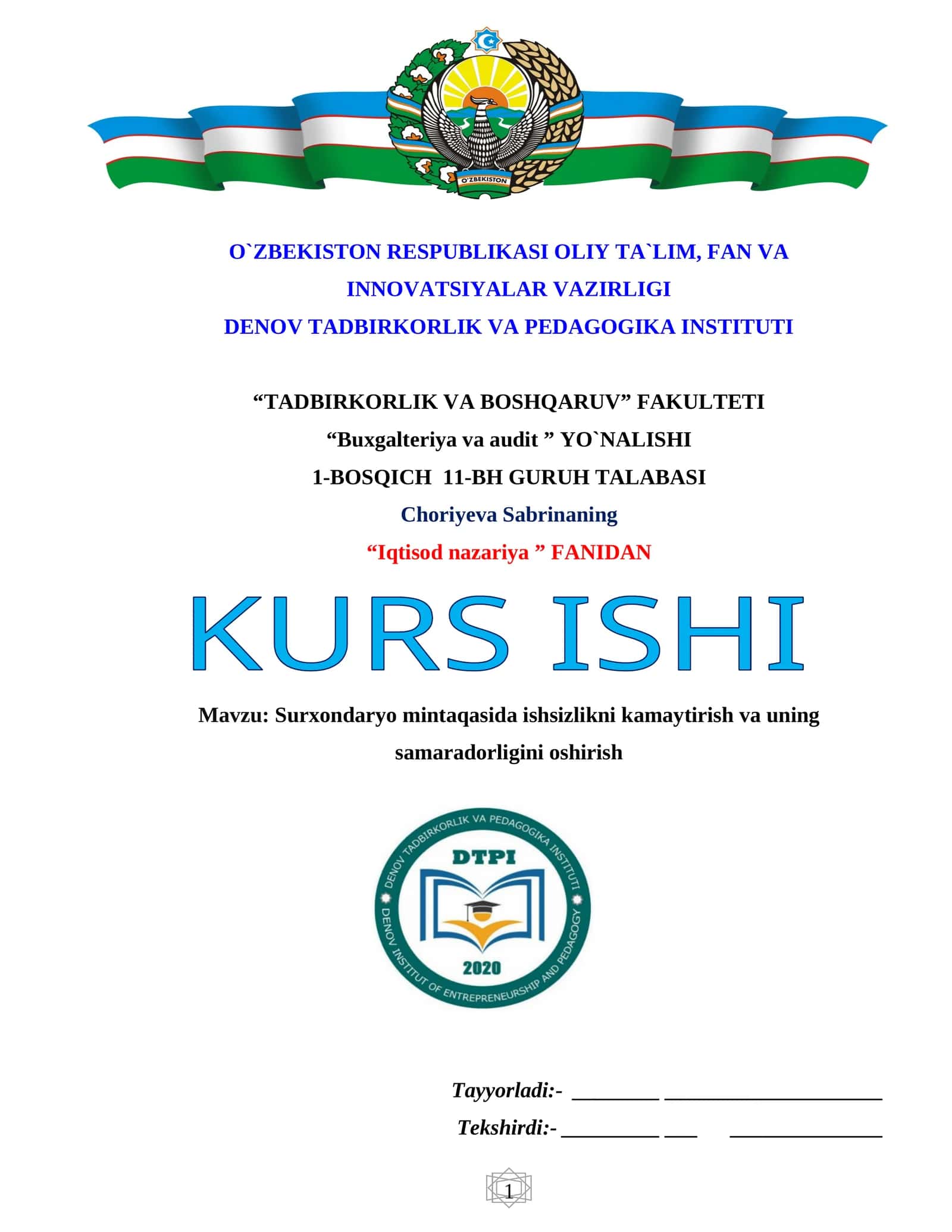 Surxondaryo mintaqasida ishsizlikni kamaytirish va uning samaradorligini oshirish