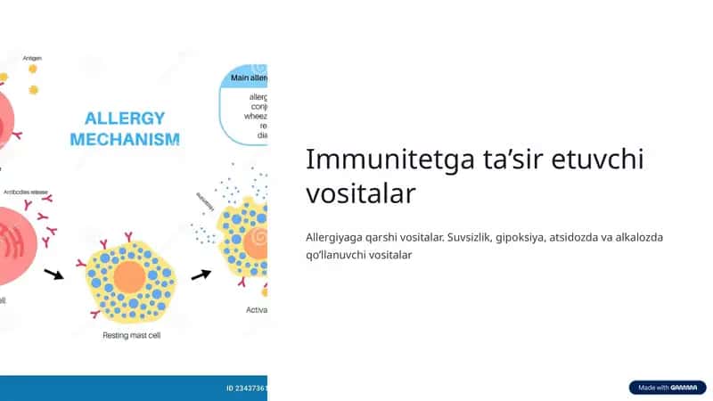 immunitetga tasir etuvchi, allergiyaga qarshi vs suvsizlanish, gipoksoyada ishlatilaladigan dorilar